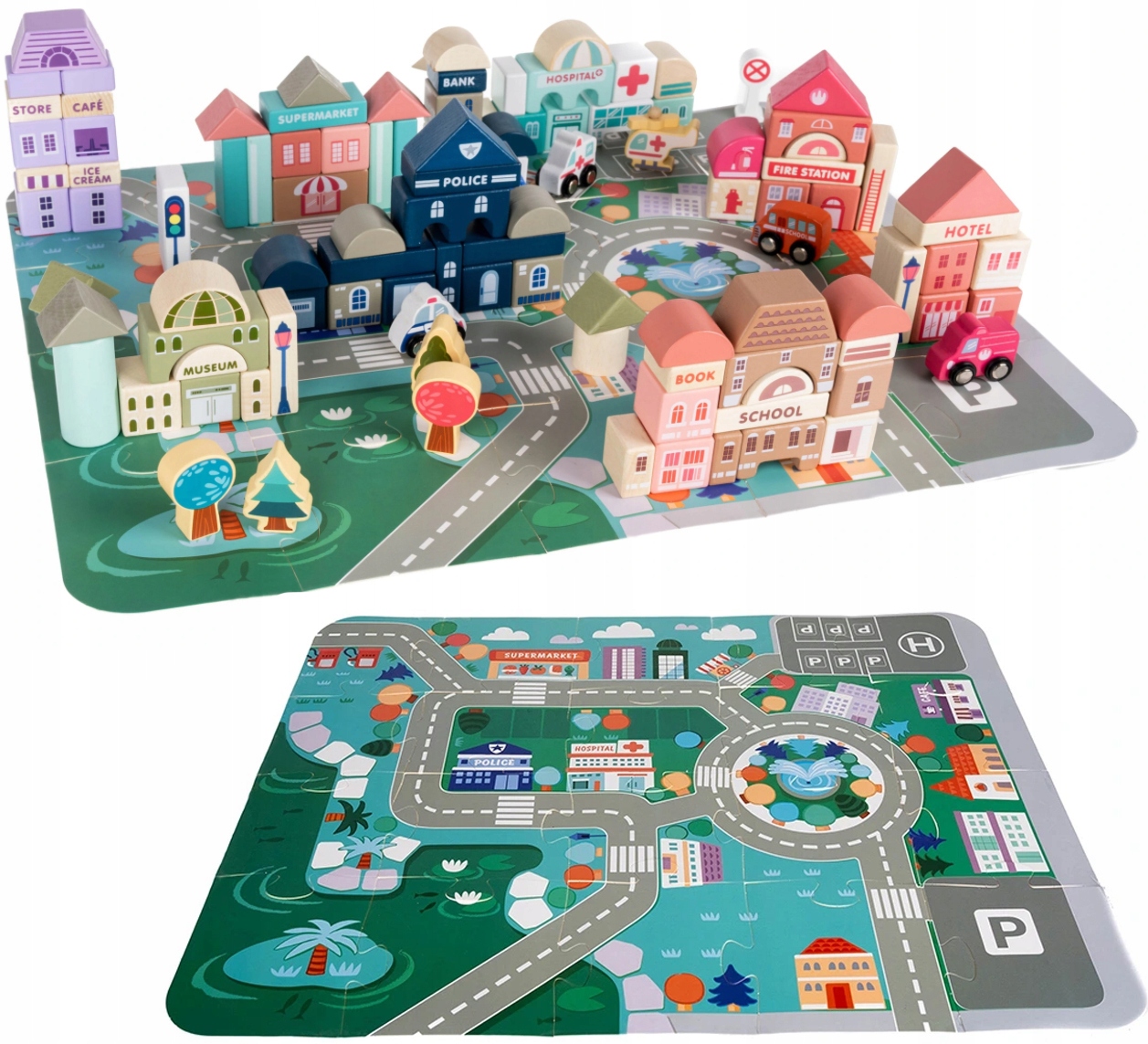 DREWNIANE KLOCKI MIASTO AUTKA DRZEWA KLOCKI ZNAKI PREZENT DLA 4,5 LATKA Marka Kruzzel