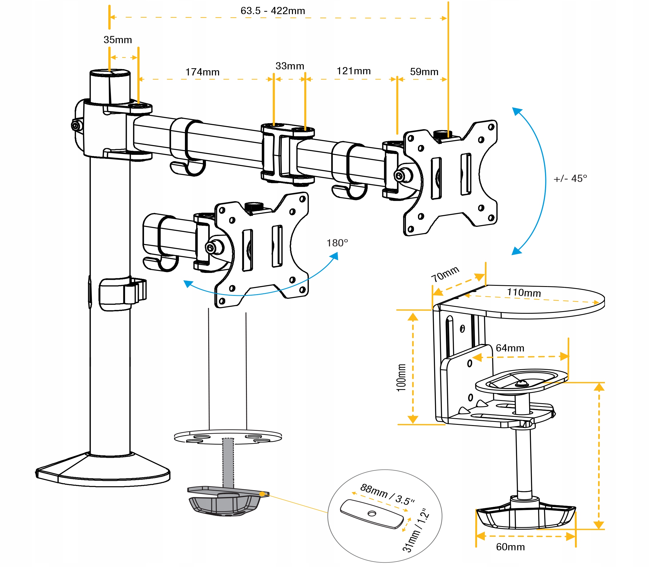 Ramię Regulowane Na 1 Monitor LCD Reflex Czarne Typ Obrotowy