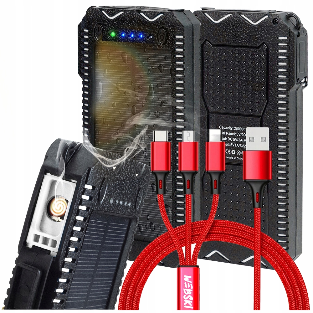 Solární powerbanka Solární baterie 20000 mAh Svítilna Zapalovač Kabel 3v1