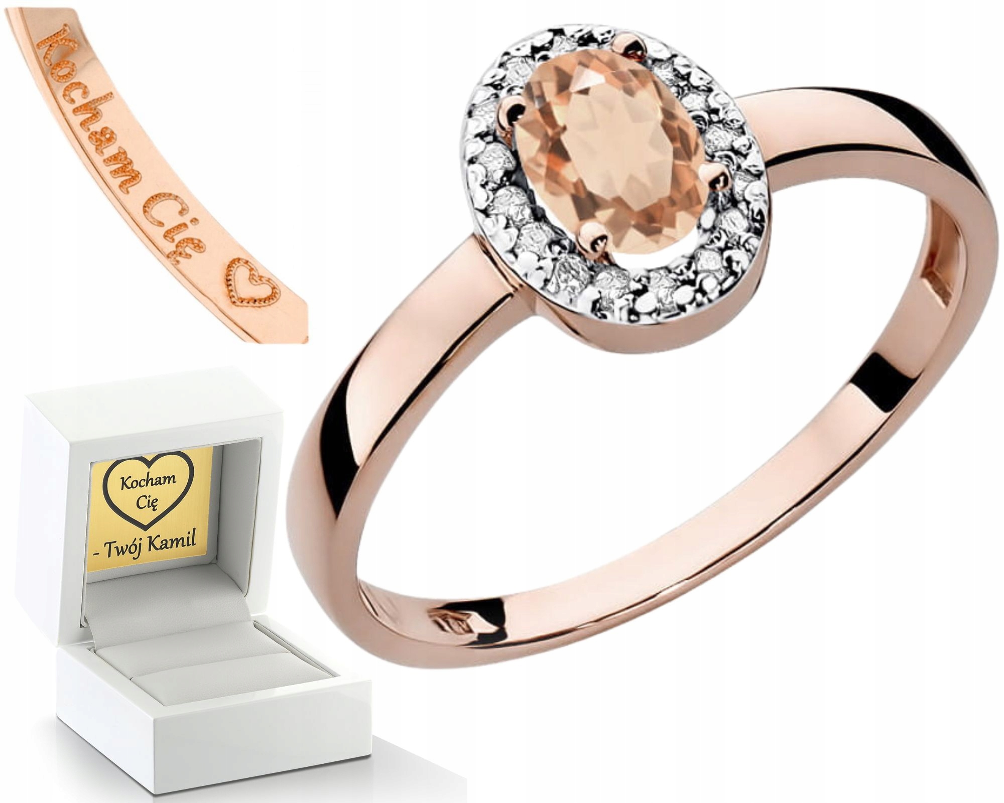 Zásnubní Prstýnek Růžové Zlato Diamanty Morganit 585 Dárek Gravírování