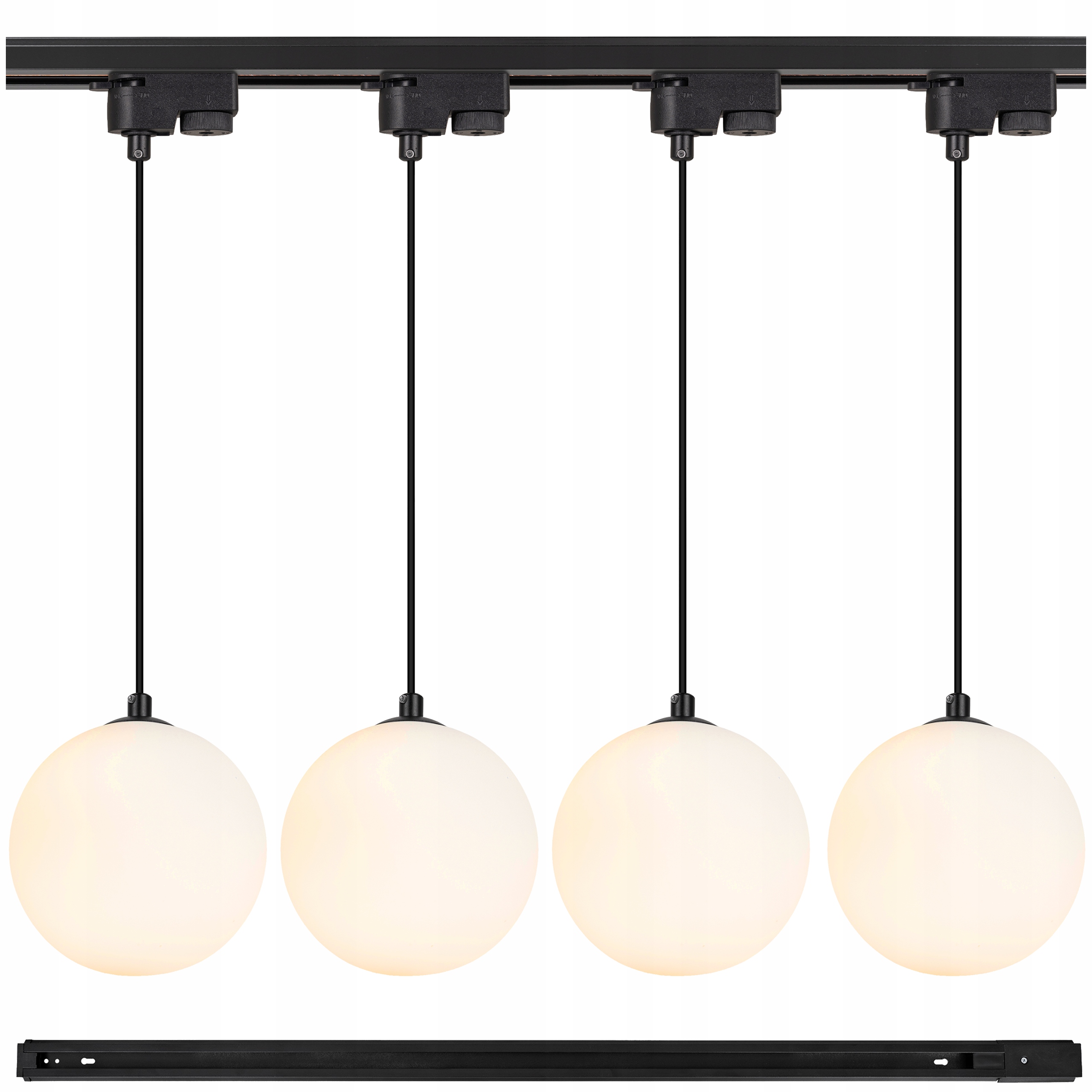 Koľajnicové osvetlenie Led Lišta 1 m Závesné svietidlo G9 biela sklenená guľa x4