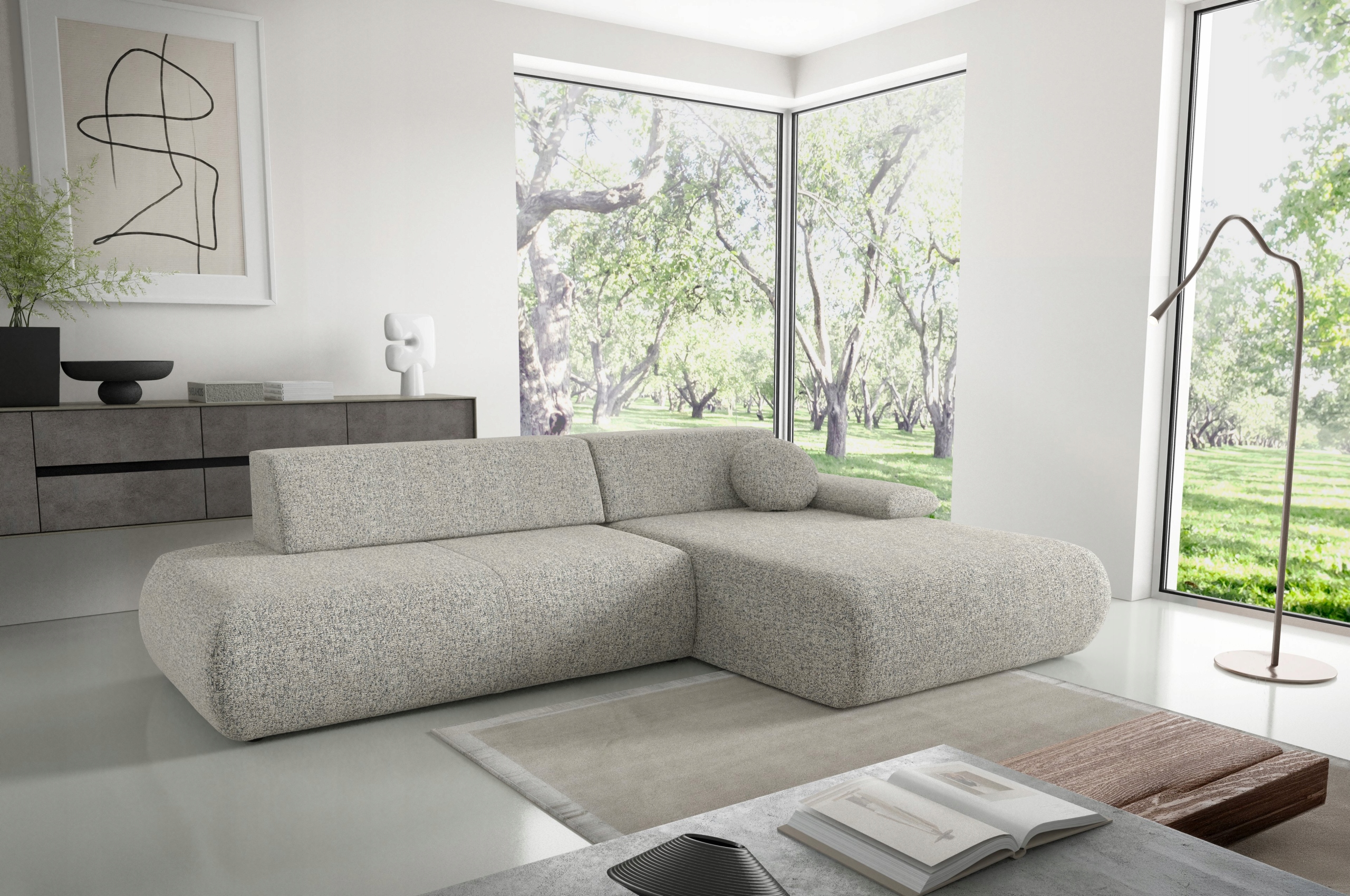 Rohová Sedací Souprava Delta Funkce Spaní Moderní Pletená tkanina Šedá