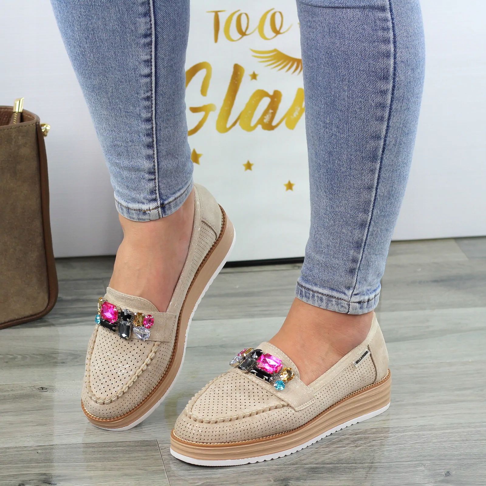 BEŻOWO ZŁOTE PÓŁBUTY ZAMSZOWE MOKASYNY KAMIENIE 39 Oryginalne opakowanie producenta pudełko