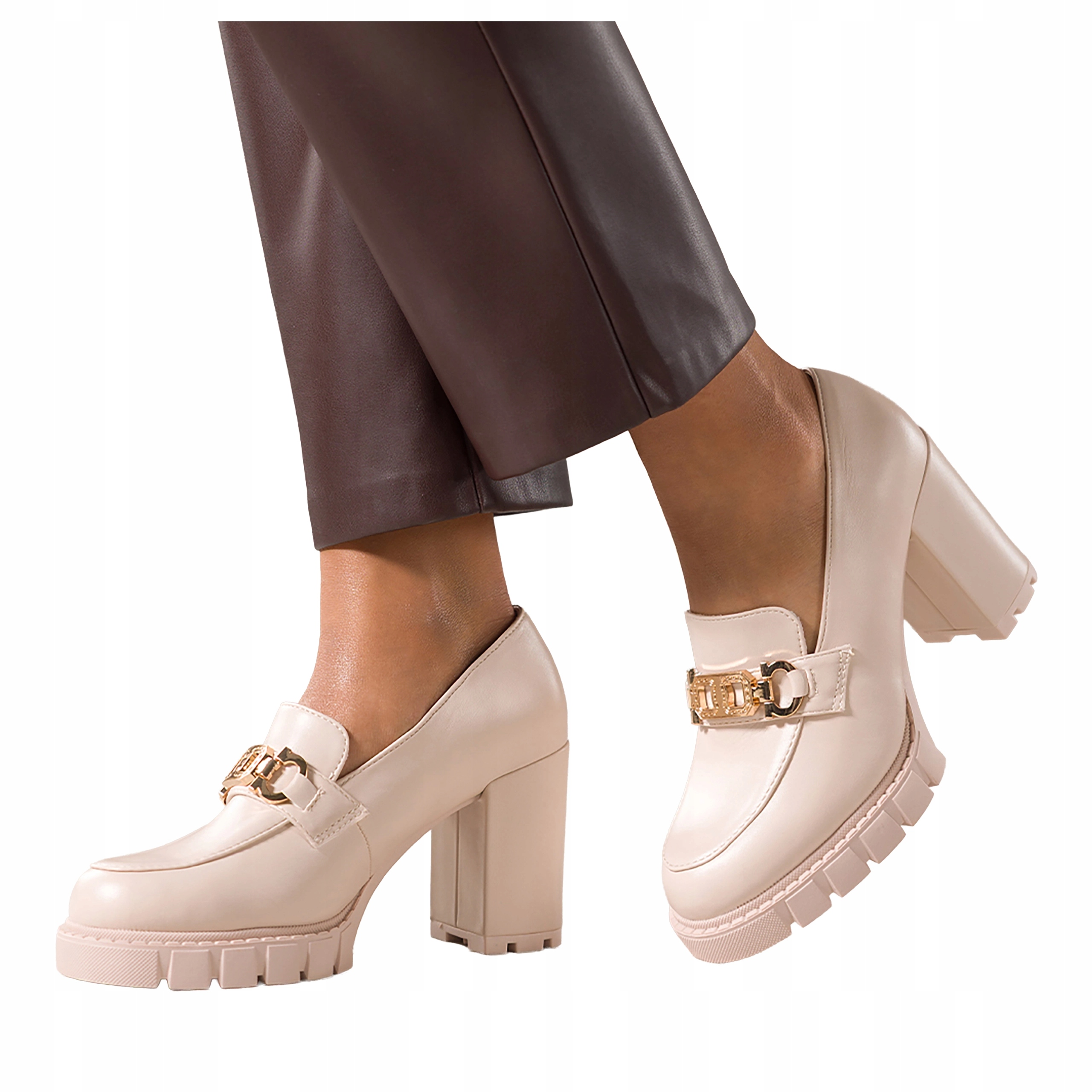 Mokasíny Béžové Dámské Zlatá Ozdoba Podpatek Sloupek Polobotky Pohodlné r 41