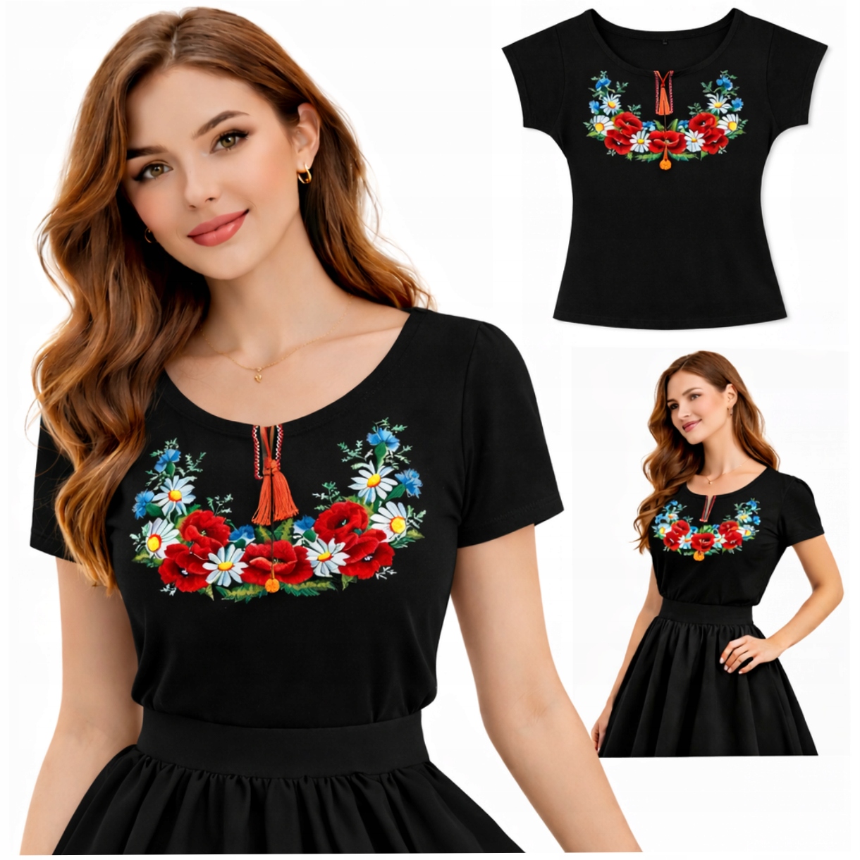 Dámská halenka Góralska s výšivkou, tričko Květiny Folk k outfitu, černá, velikost Xs