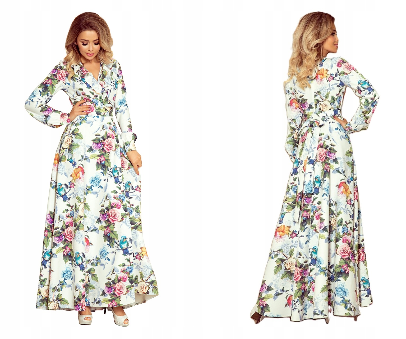 Dlouhá, Vzdušná Sukně S Krásnými Květinami, S Vázaným Výstřihem A Volánkem, Bílá