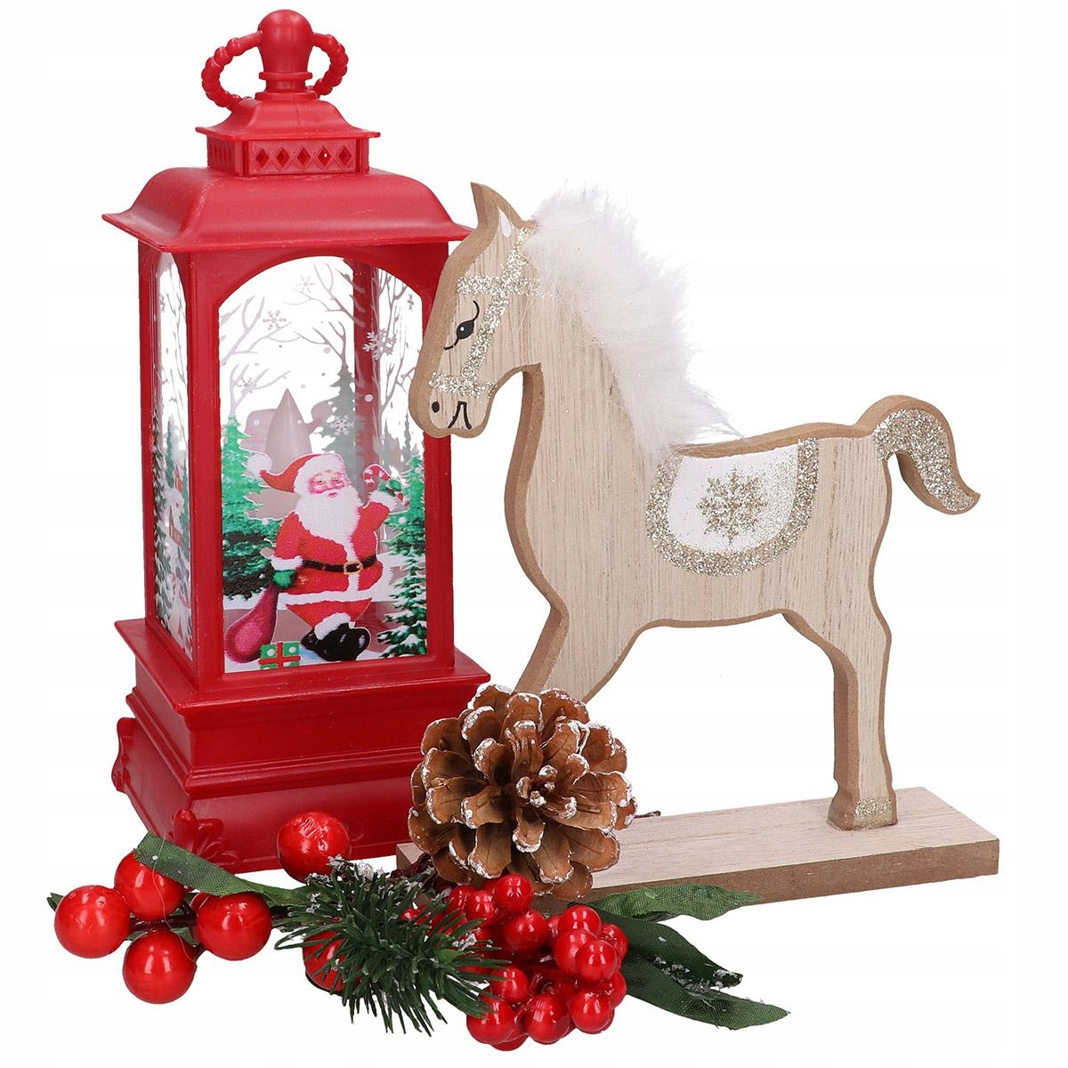 KONIK KOŃ DREWNIANY Z FUTERKIEM BROKAT FIGURKA ŚWIĄTECZNA DO STROIKÓW Szerokość produktu 14 cm