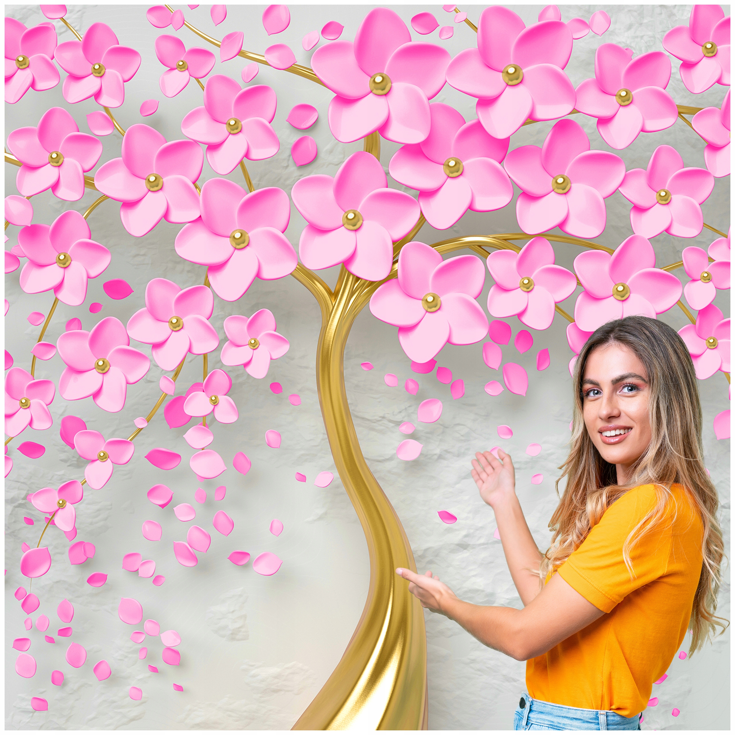 3D fototapeta Obývacia Izba Spálňa Zlaté Drevo listy ružové 490x260 W