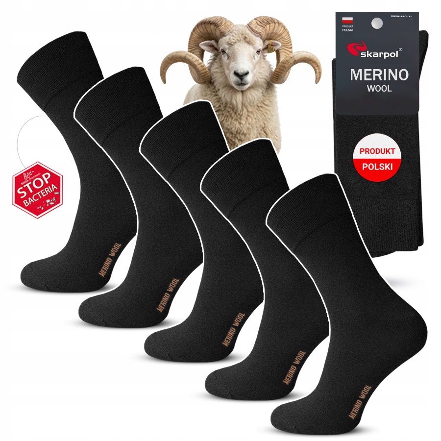 5x Skarpety męskie Wełna Merino 87% bezuciskowe cienkie skarpol Czarn 39-41