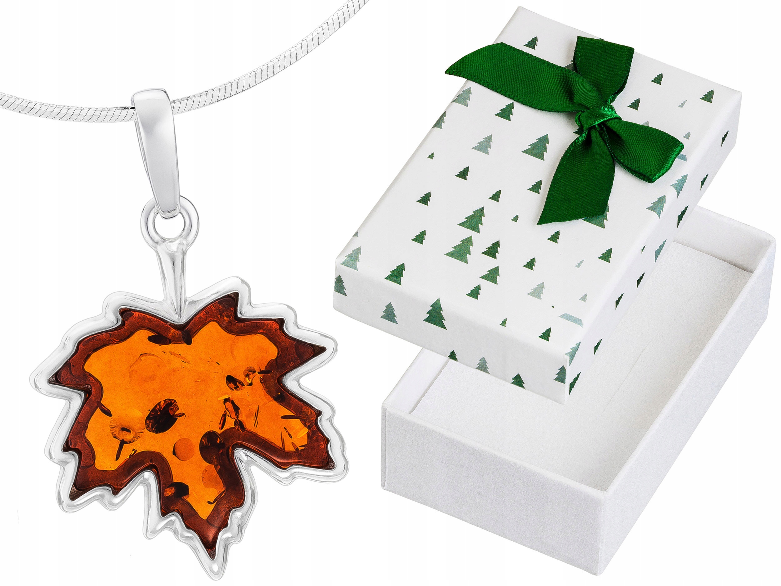 Dlouhý stříbrný dámský náhrdelník Javorový List s jantarovým lístkem Stříbro 60 cm