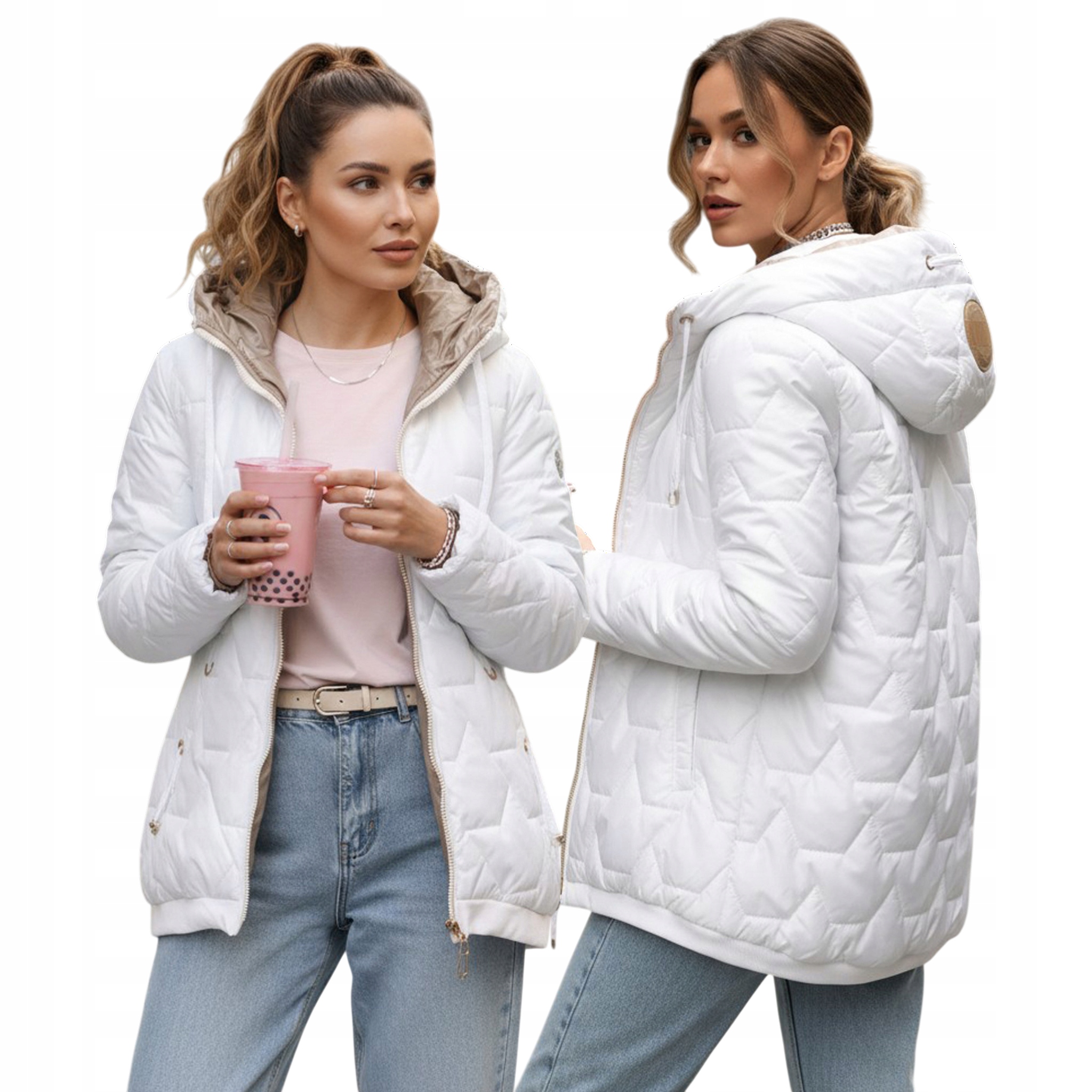 Kurtka damska pikowana z nieodpinanym kapturem biała TY5545 XXL