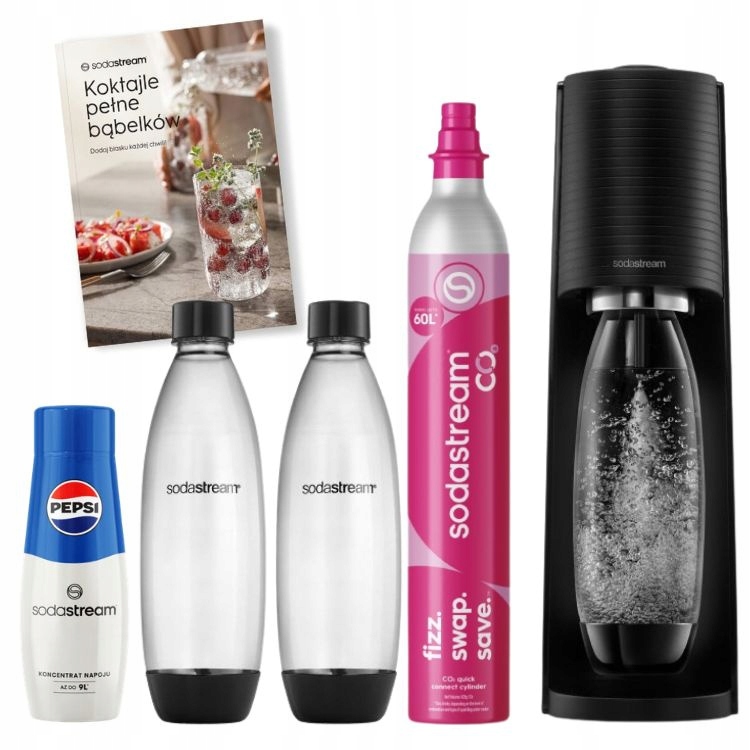 Set Výrobník sody SodaStream Terra černý 2 lahve kniha, sirup