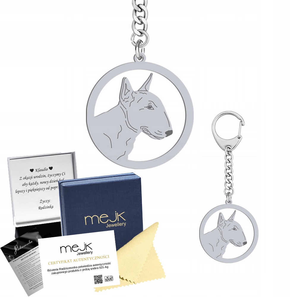 Miniaturní bulteriér Přívěsek Na Klíče Stříbrný na klíče 925 Dárek Gravírování Bonus