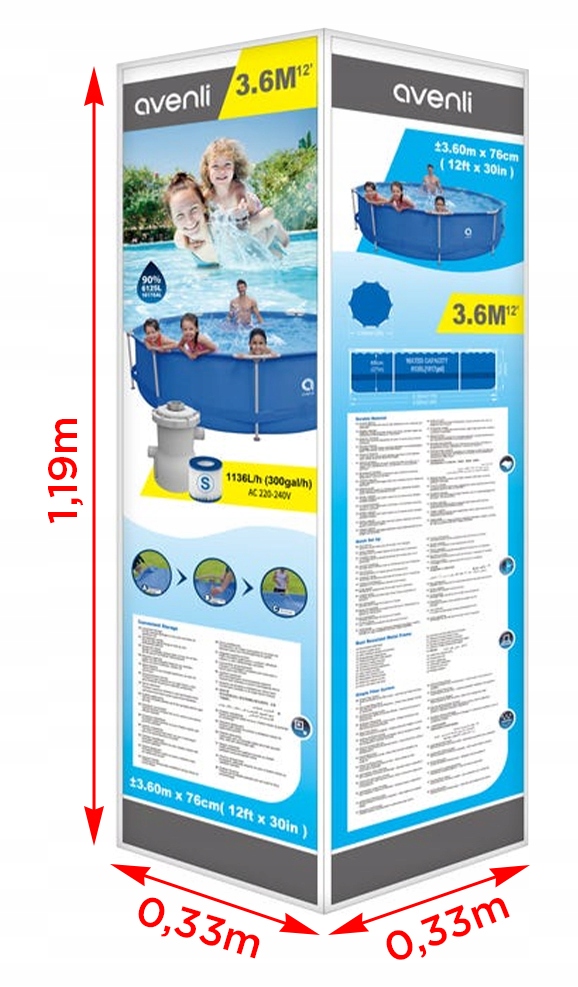 BASEN STELAŻOWY OKRĄGŁY OGRODOWY Avenli 360 x 360cm +POMPA +FILTR [ZESTAW] Kolor odcienie niebieskiego