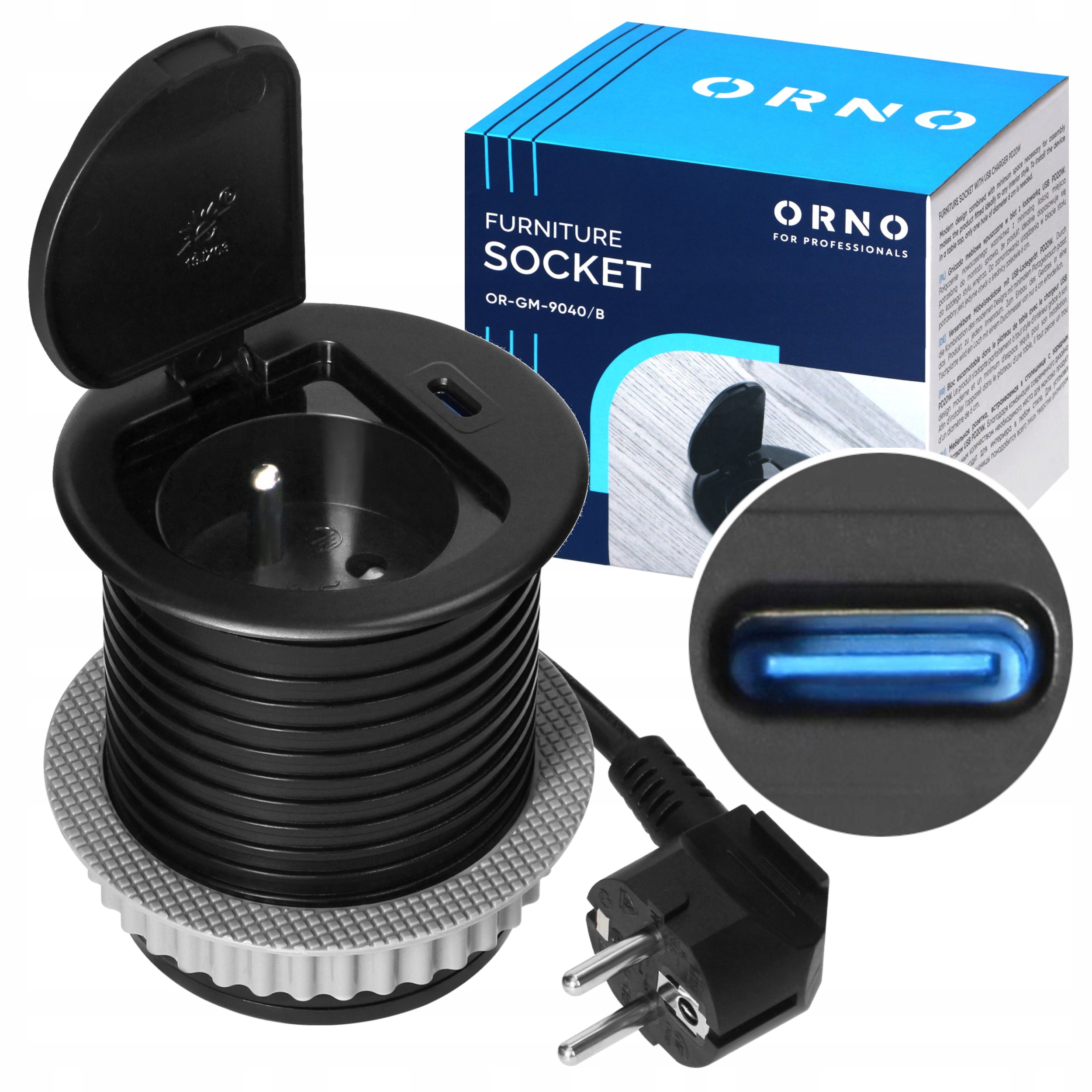 Gniazdo Wpuszczane Chowane W Blat Ładowarka Usb C Gniazdko Czarne Z Pokrywą