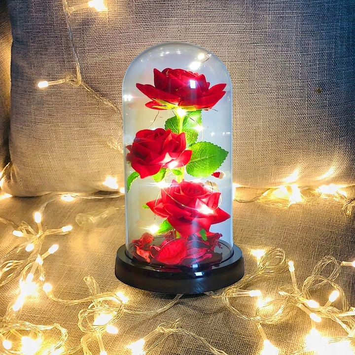 WIECZNA RÓŻA W SZKLE LED ŚWIECĄCA NA BATERIE +KABEL USB PREZENT NAUCZYCIELA Wysokość 21 cm