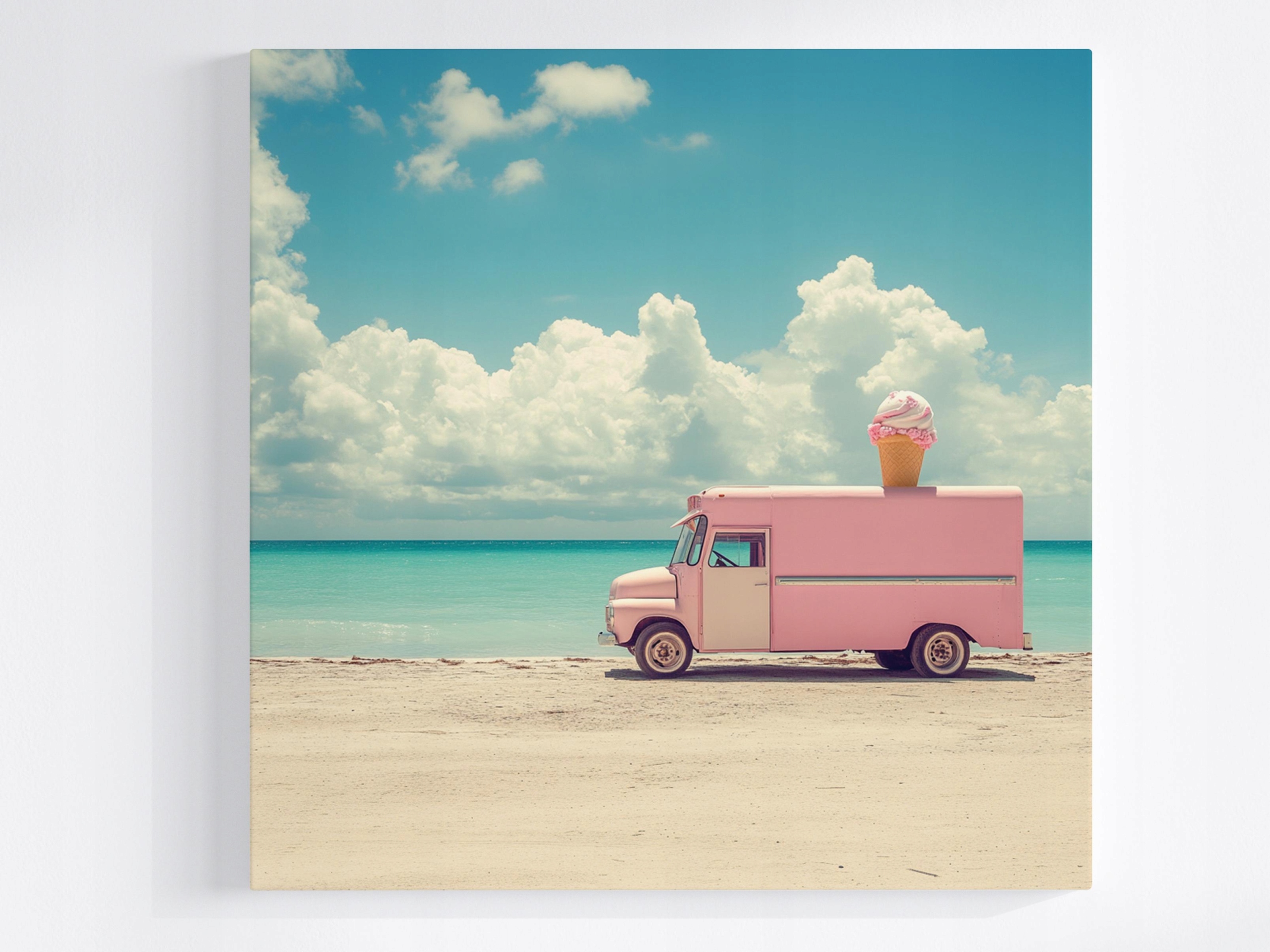 Obraz Na Plátně Canvas Pláž Moře Oceán Dodávka Zmrzlina Auto Retro 80x80