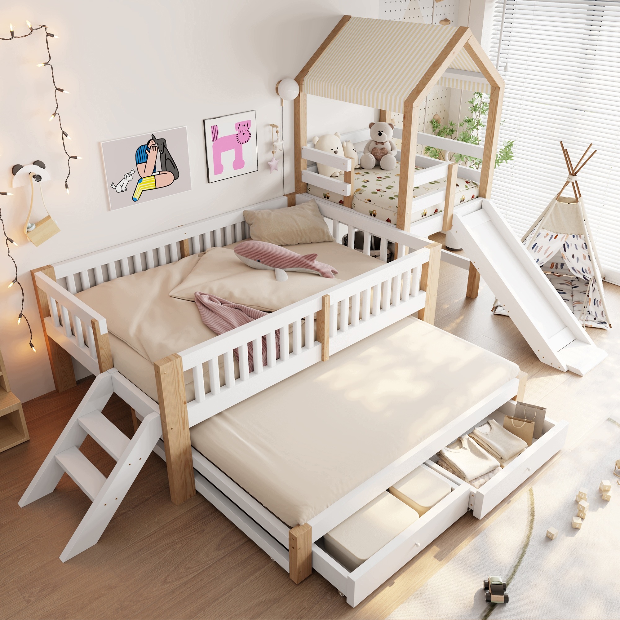 Łóżko Dziecięce Domek 90x200 Wysuwane 90x190 Zjeżdżalnia Drewno
