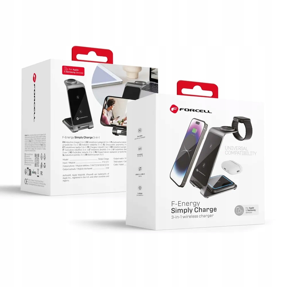 Forcell F-Energy Simply Charge 3v1 indukční nabíječka 15W šedá