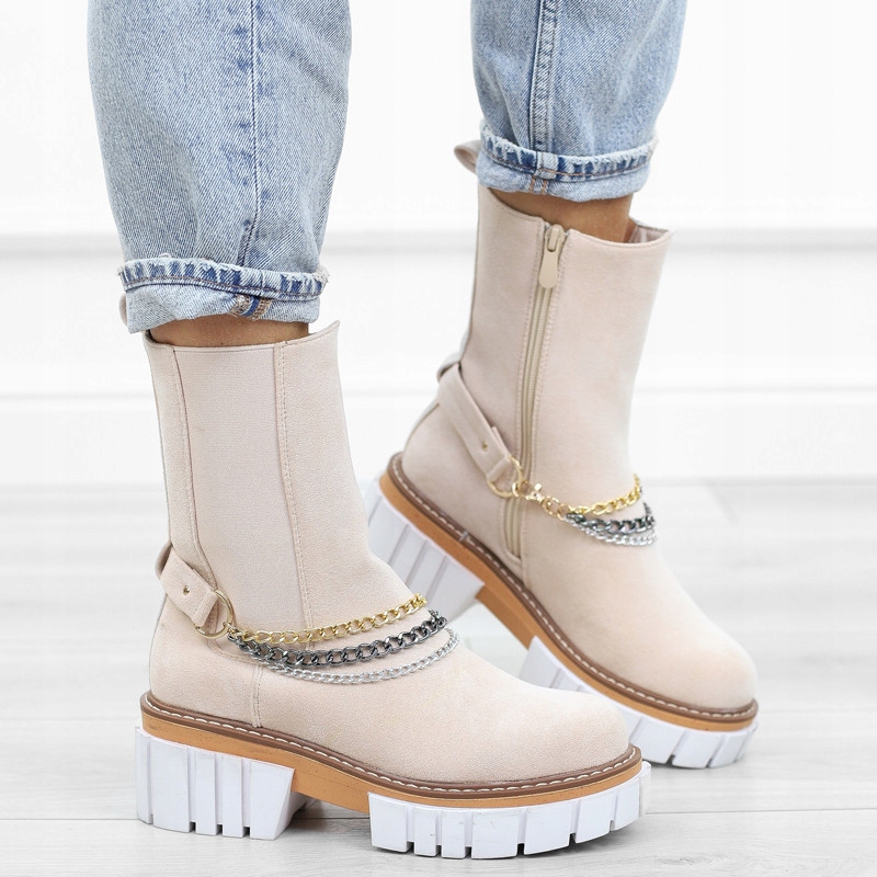 Béžové krémové dámské kotníkové boty 2v1, ozdobné odnímatelné řetízky, semiš