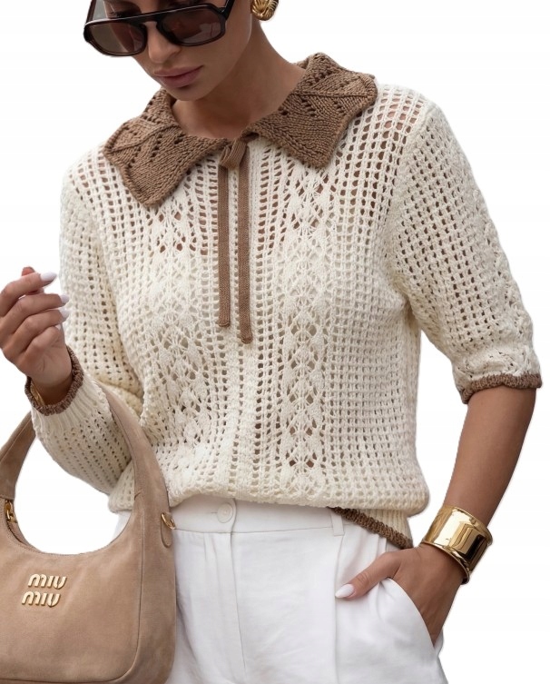 Cocomore Ažurový svetr Halenka s límcem Krátký rukáv Ecru Hnědá