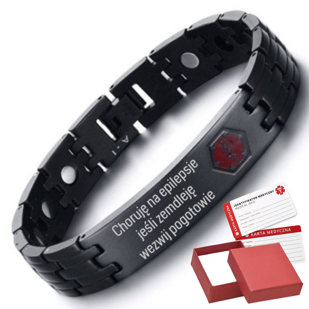 Černý náramek Lékařský Alert Magnetoterapie Epilepsie Gravírování 27 cm