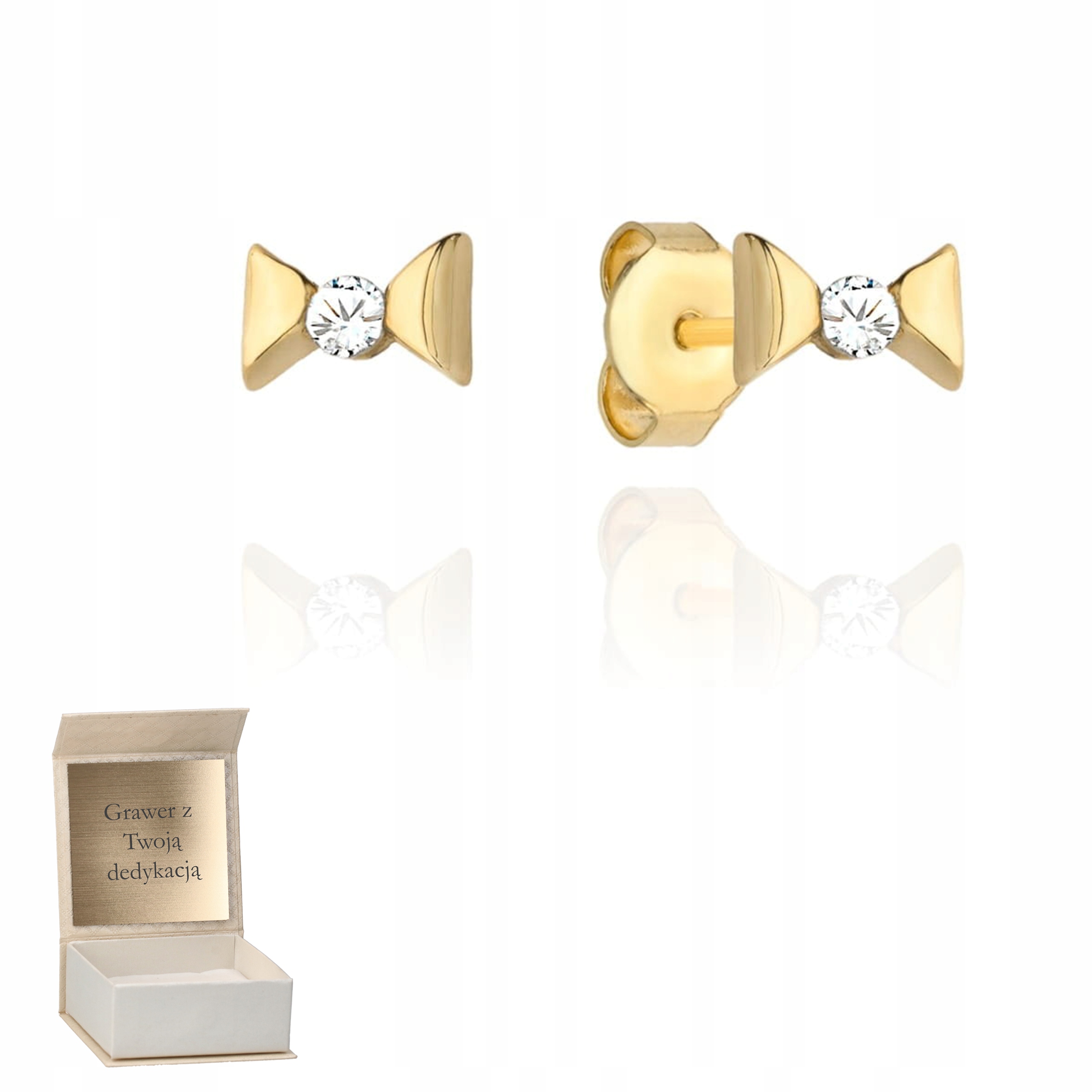 Zlaté náušnice Kokardky se zirkonem na tyči zlato ryzost 585 Gravírování