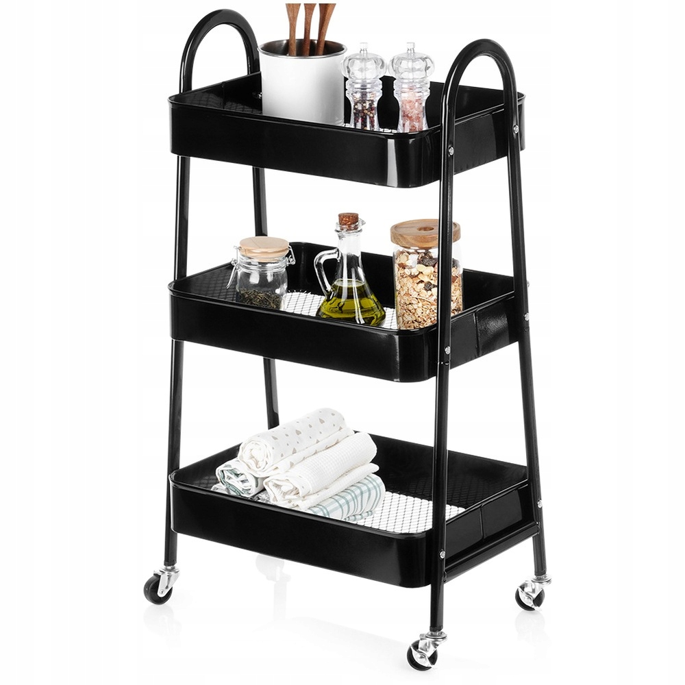 Kuchyňský Vozík Koupelnový regál na kolečkách Mobilní skříňka 3 police Černá
