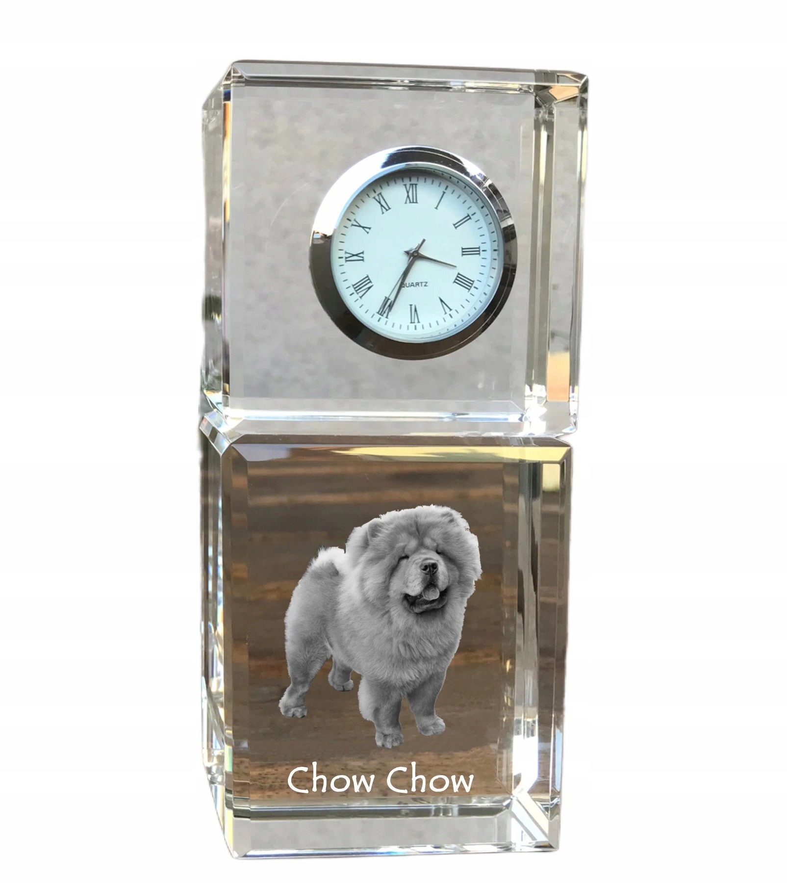 Chow Chow křišťálové stolní hodiny se psem, s vaší fotografií, suvenýr