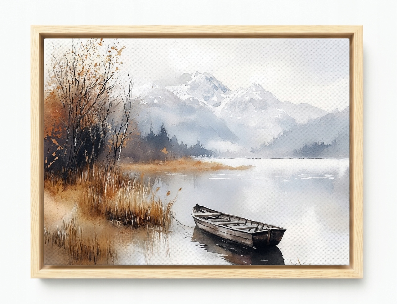 Obraz Rám American Box Pejzaž Plener Hory Jazero Lodka Hmla Jeseň 80x60