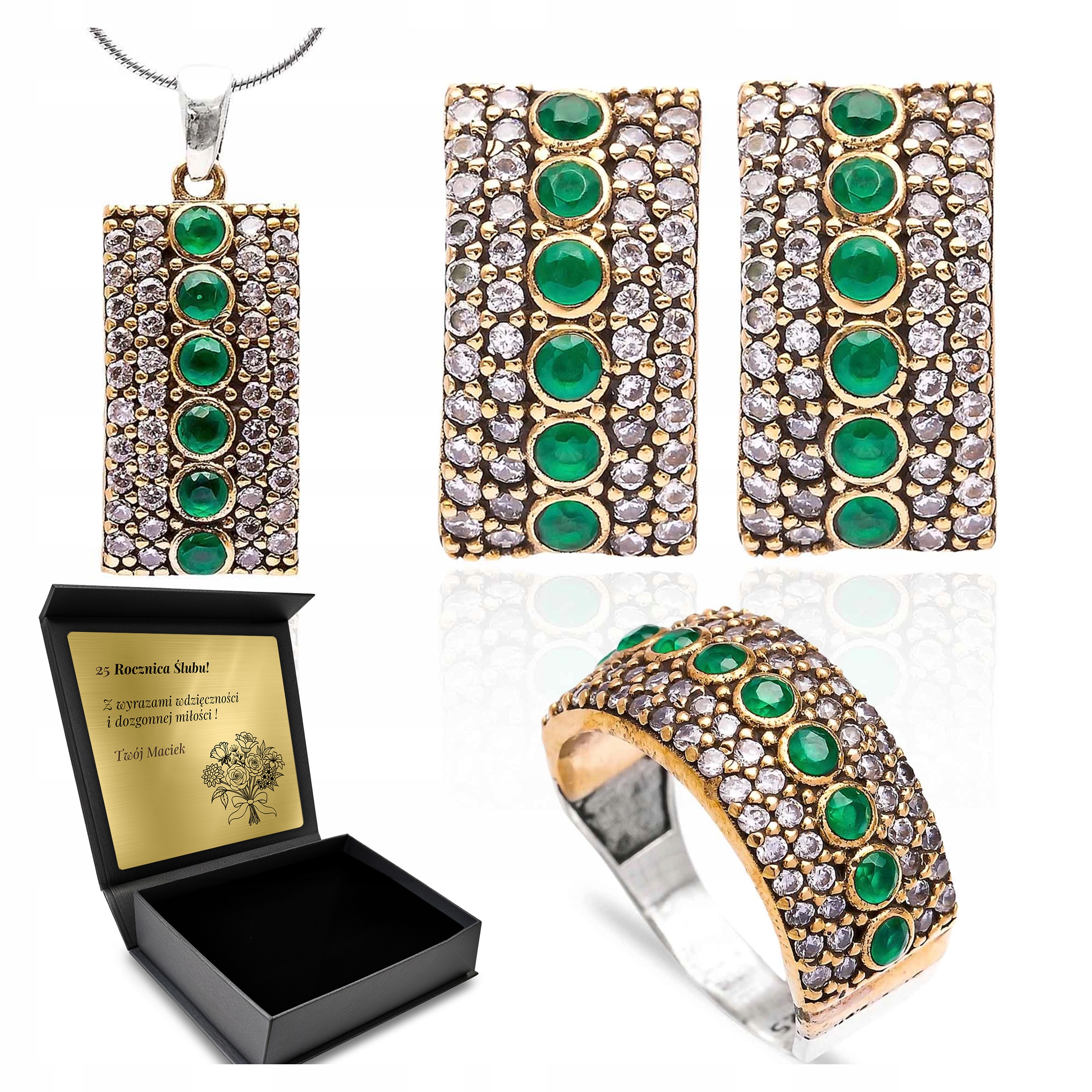 Komplet Stříbrných Šperků 925 Zirkony Smaragd Dárek pro ženu Gravírování