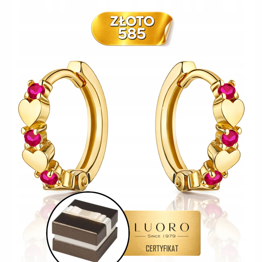 Náušnice Zlaté 585 14k Srdíčka S Fuchsiovými Zirkony Kreol Dárek