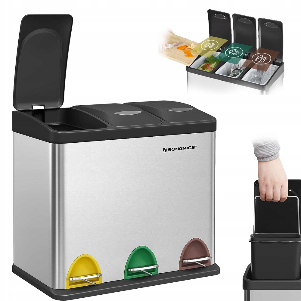 Odpadkový koš Kovový 3 Komory na tříděný odpad recyklovatelný 24 l stříbrný