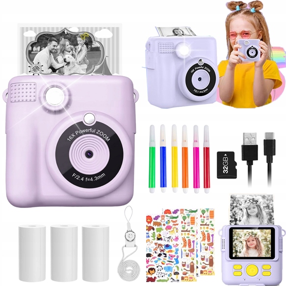 Dětský Fotoaparát S Okamžitým Tiskem, Dárek Pro Děti 3-12 Let, S 32GB Kartou, Fialový