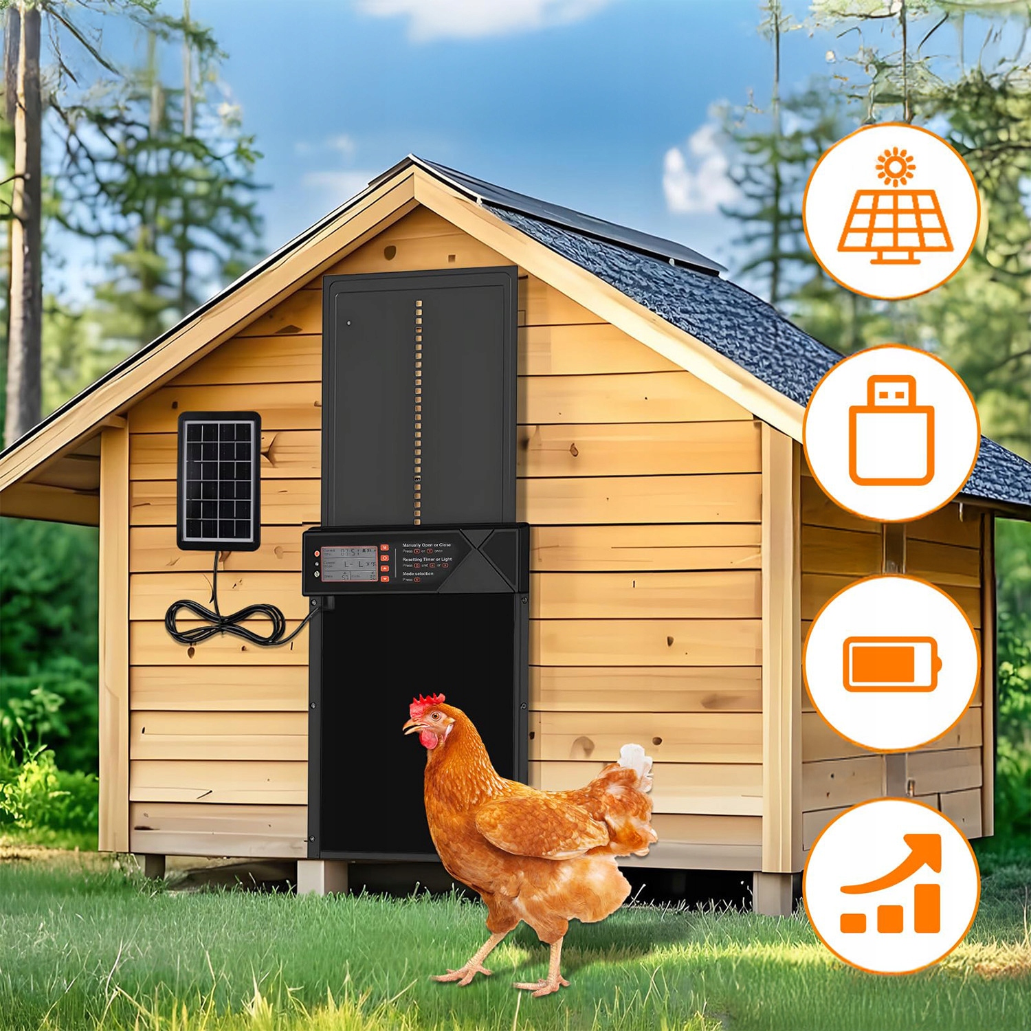 AUTOMATYCZNE DRZWI DO KURNIKA Z CZUJNIKIEM ŚWIATŁA WYŚWIETLACZ LED PILOT Marka bez marki