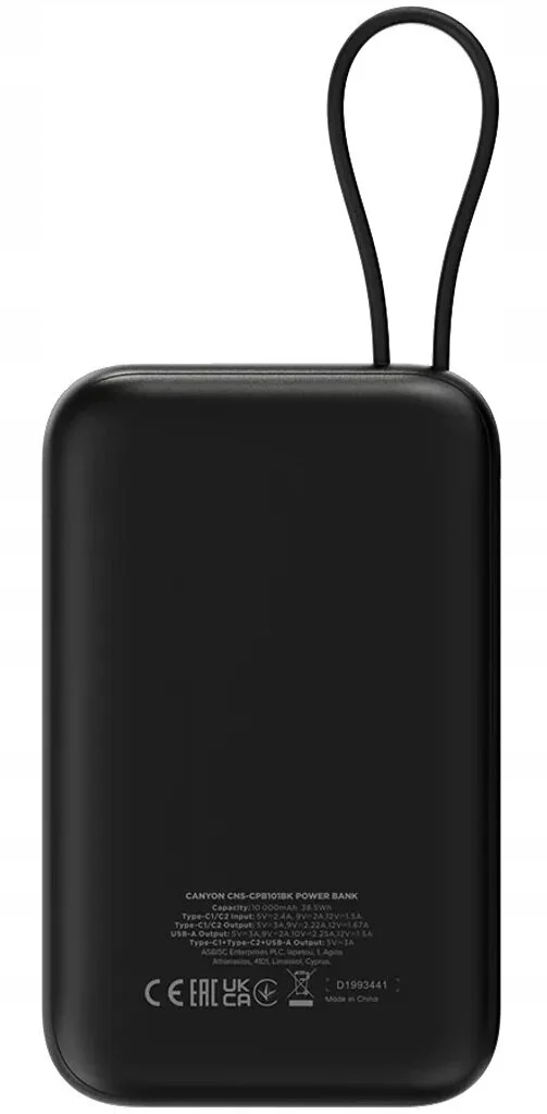 CANYON Powerbank OnPower 101 z kablem 10000 mAh PD22.5W Czarny — 10