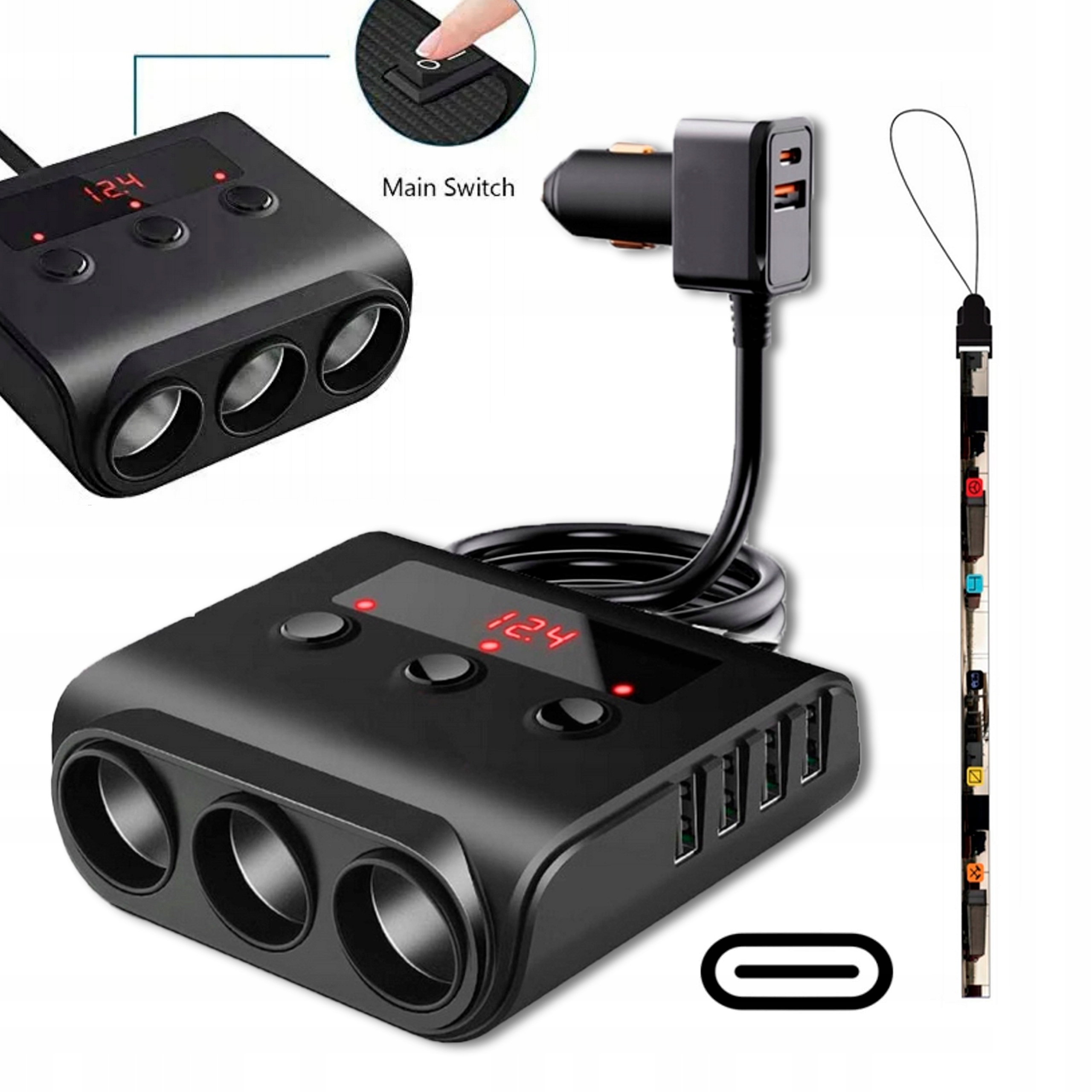 M.Tacho Rozbočovač|3x zapalovač|4 x USB|1 x USB-C|1 x Usb Qc|lcd Volt