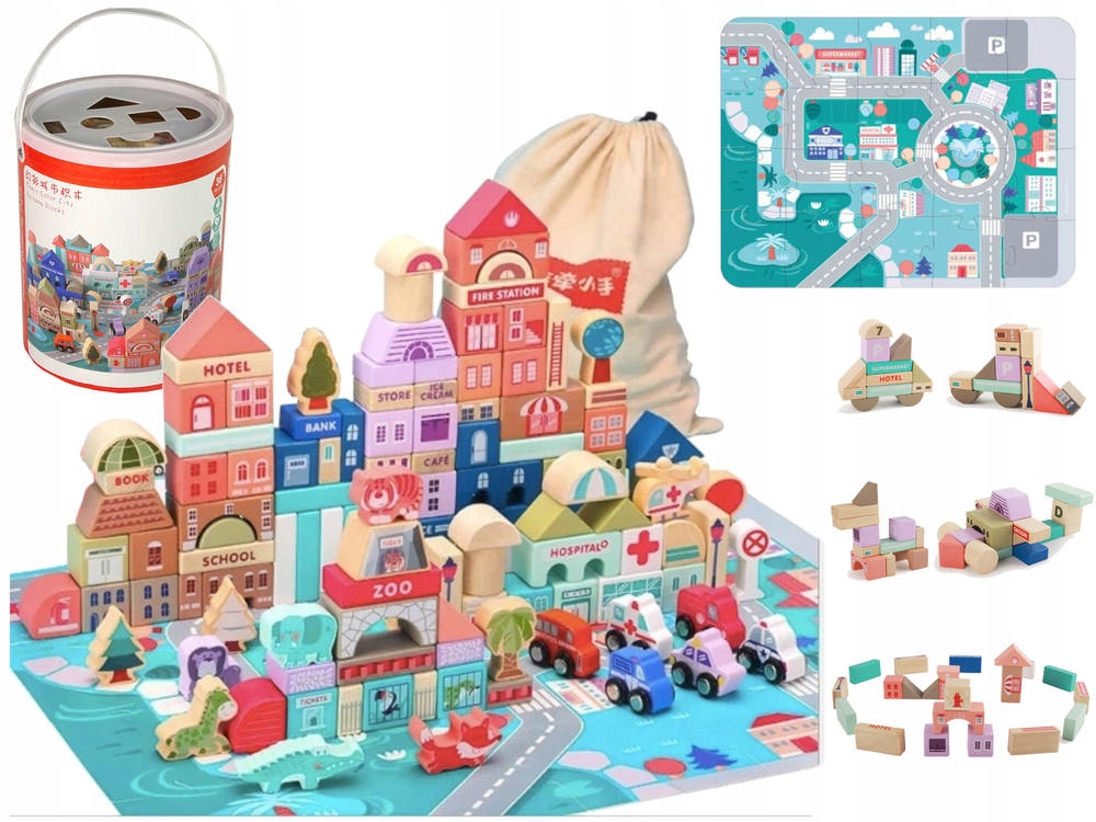 

Drewniane Klocki Miasto Auta 162 Klocków Puzzle