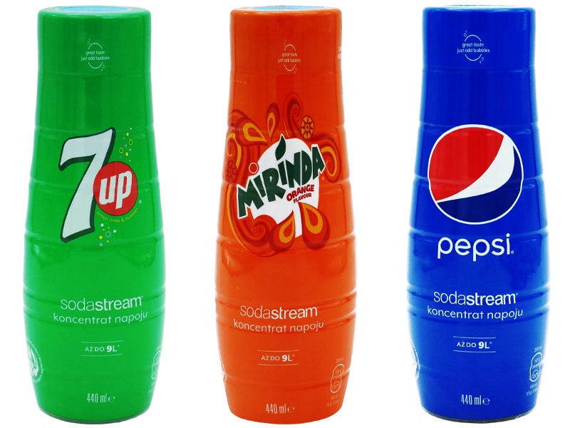 3x SYROP KONCENTRAT SODASTREAM 7UP MIRINDA PEPSI 9L NAPOJU z 440ml Kolor dominujący wielokolorowy