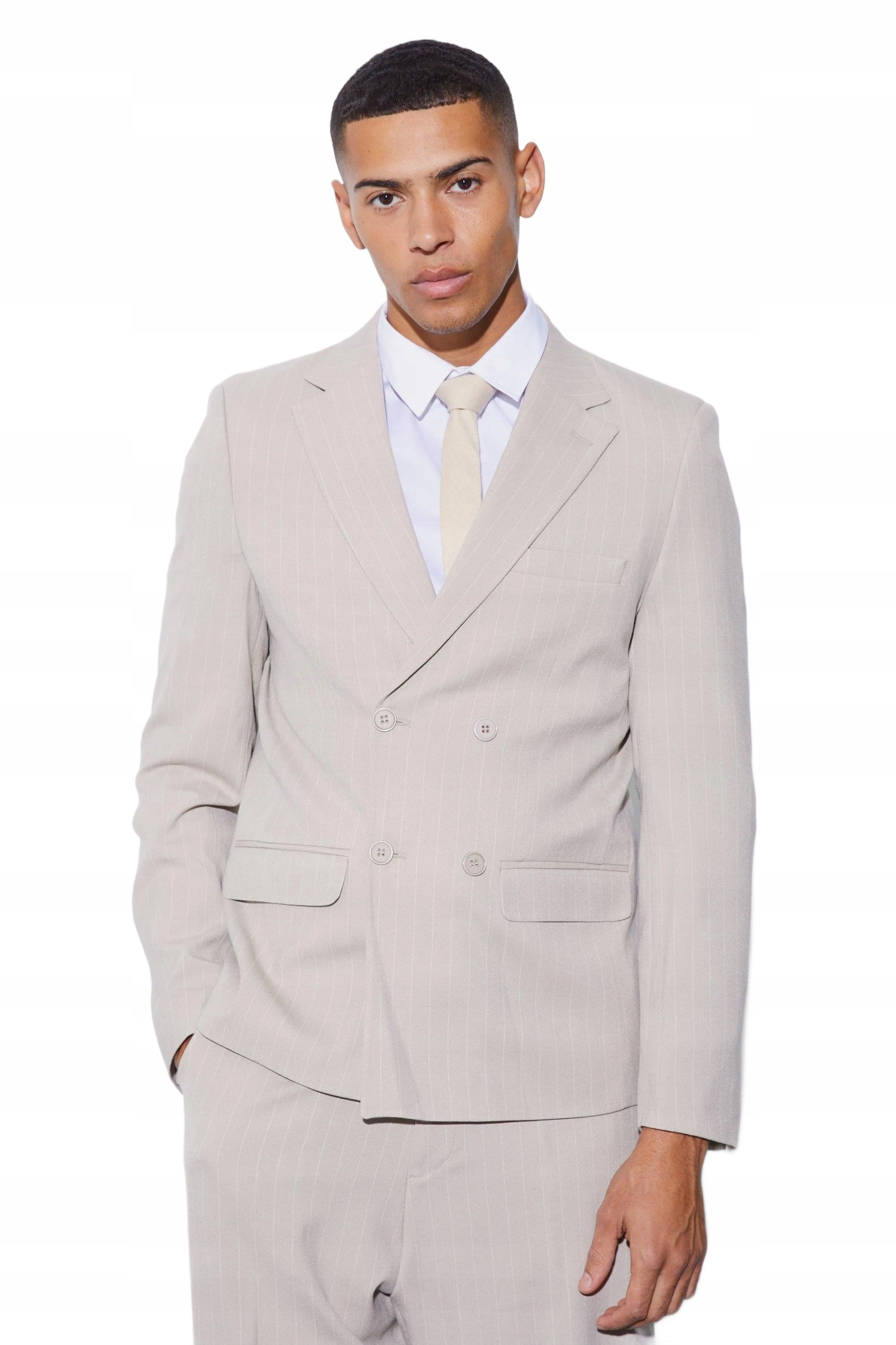 Boohooman Pánské Sako Dvouřadé Béžové Pruhované Sako Slim 38 Z3A