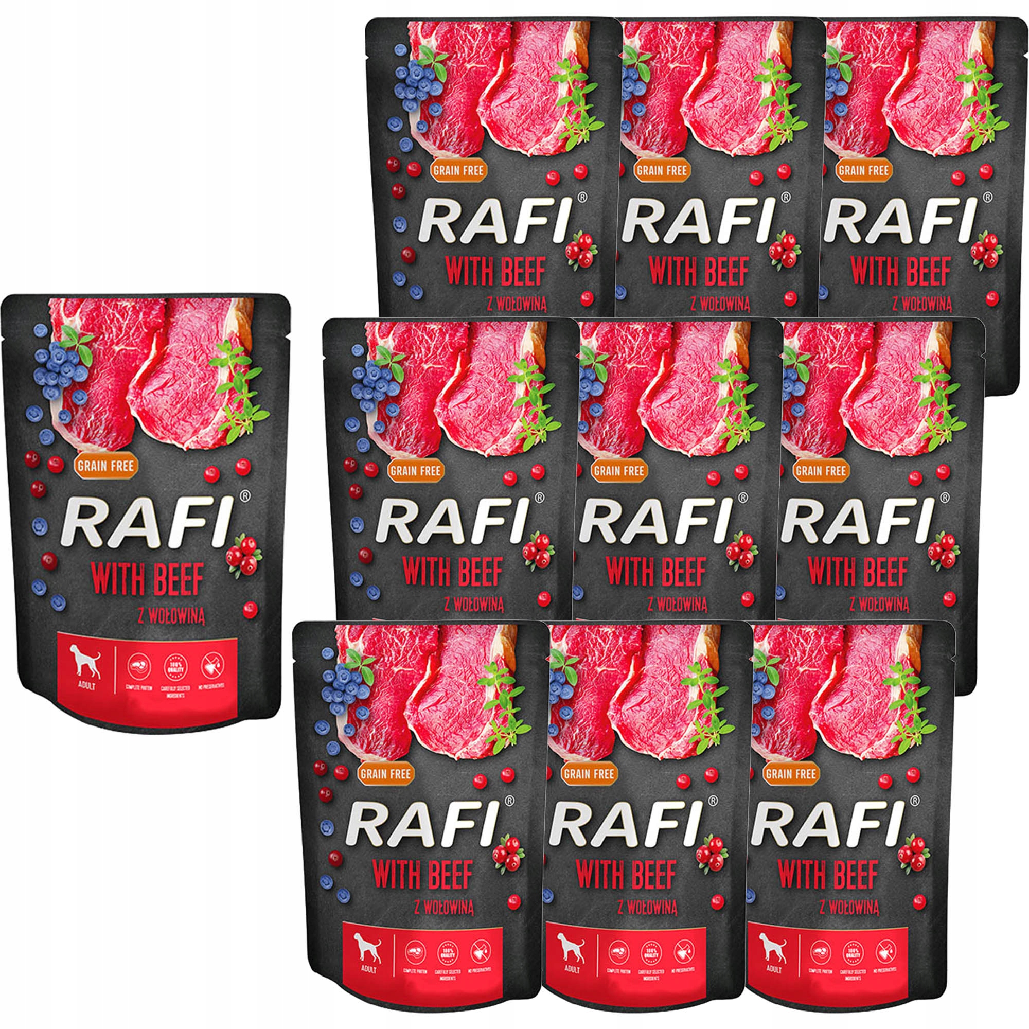Levně Rafi Vlhké krmivo pro psy s hovězím masem v sáčcích 300 g x 10 kusů