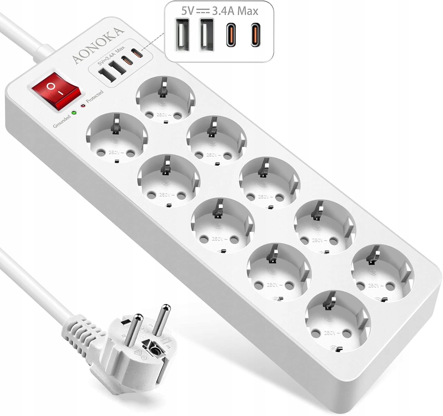 Napájecí Protipřepěťová Lišta 14v1 4000 W Ochranná 10 Zásuvek 4 Usb