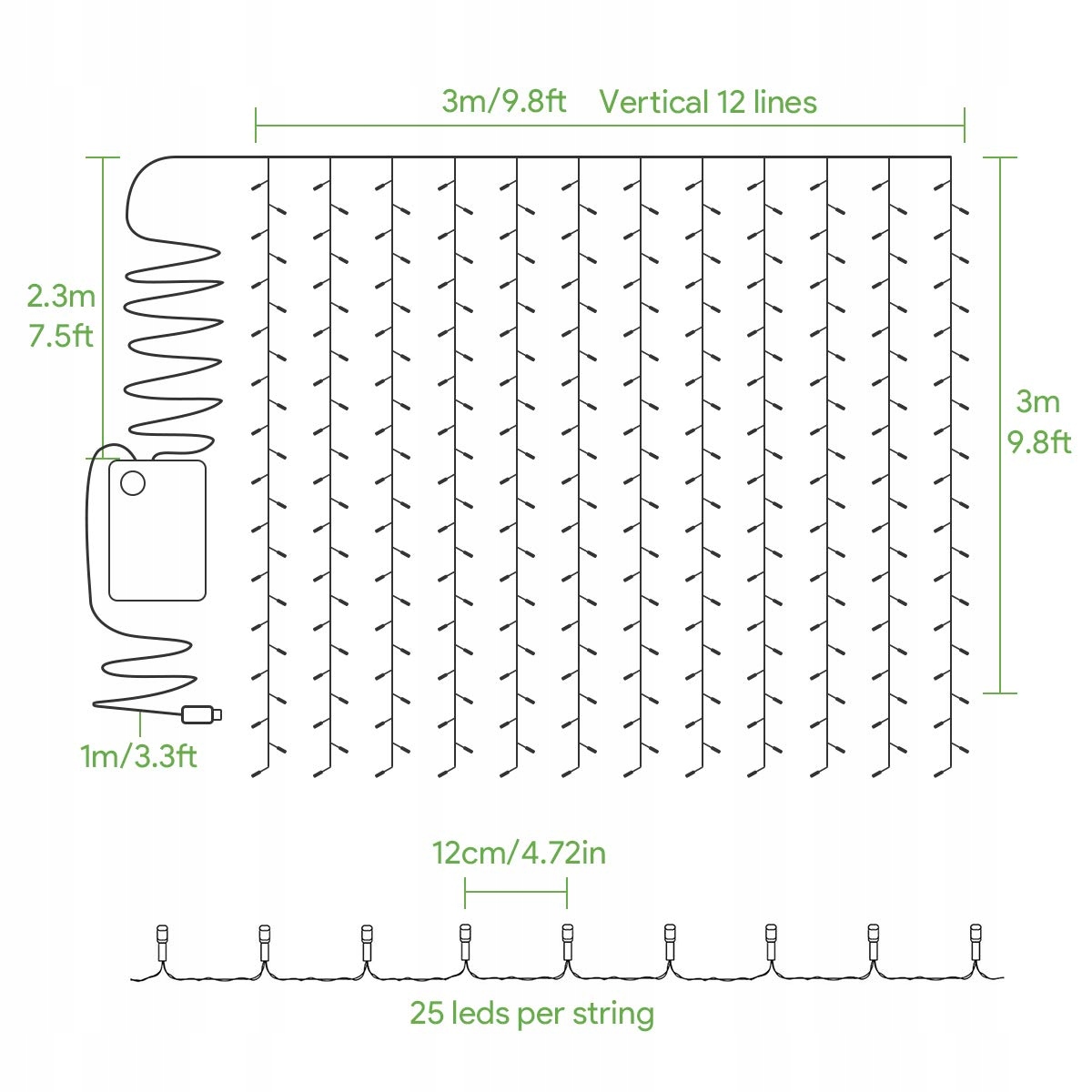 Kurtyna LED 3x3m 300 Ciepłe Białe 8 Trybów USB Wnętrz/Zewnątrz — miniatura 5