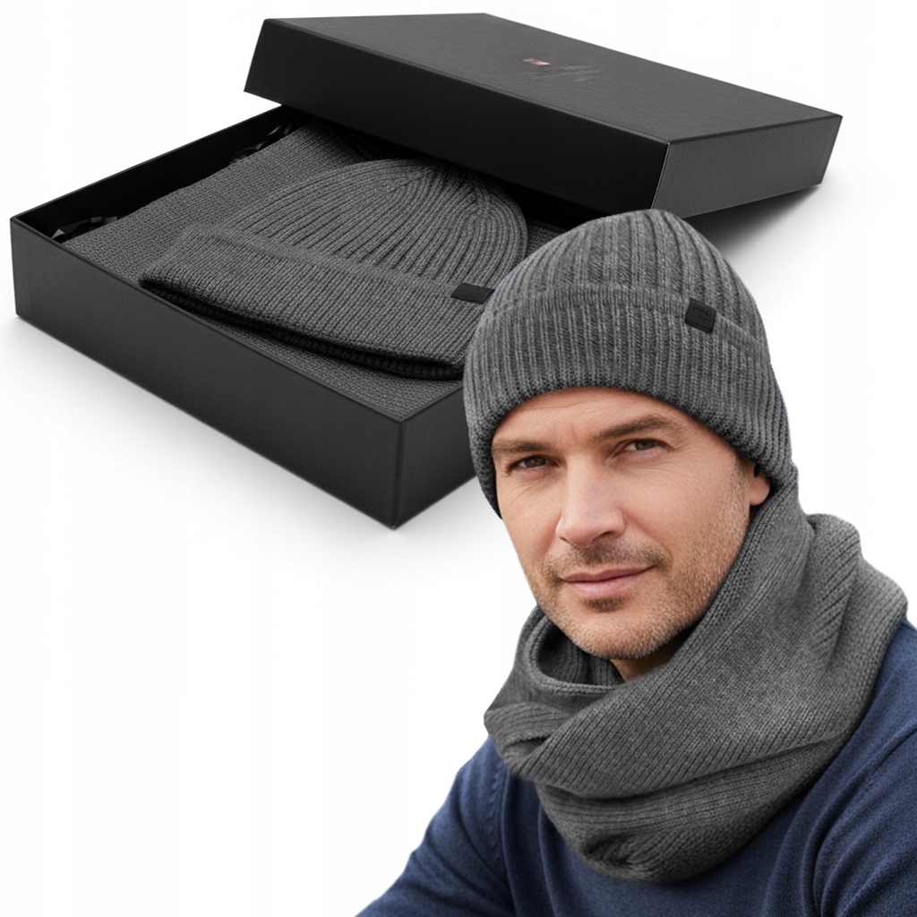 Pánský komplet Čepice Nákrčník Zimní sada jako Dárek Šedá Pako Jeans