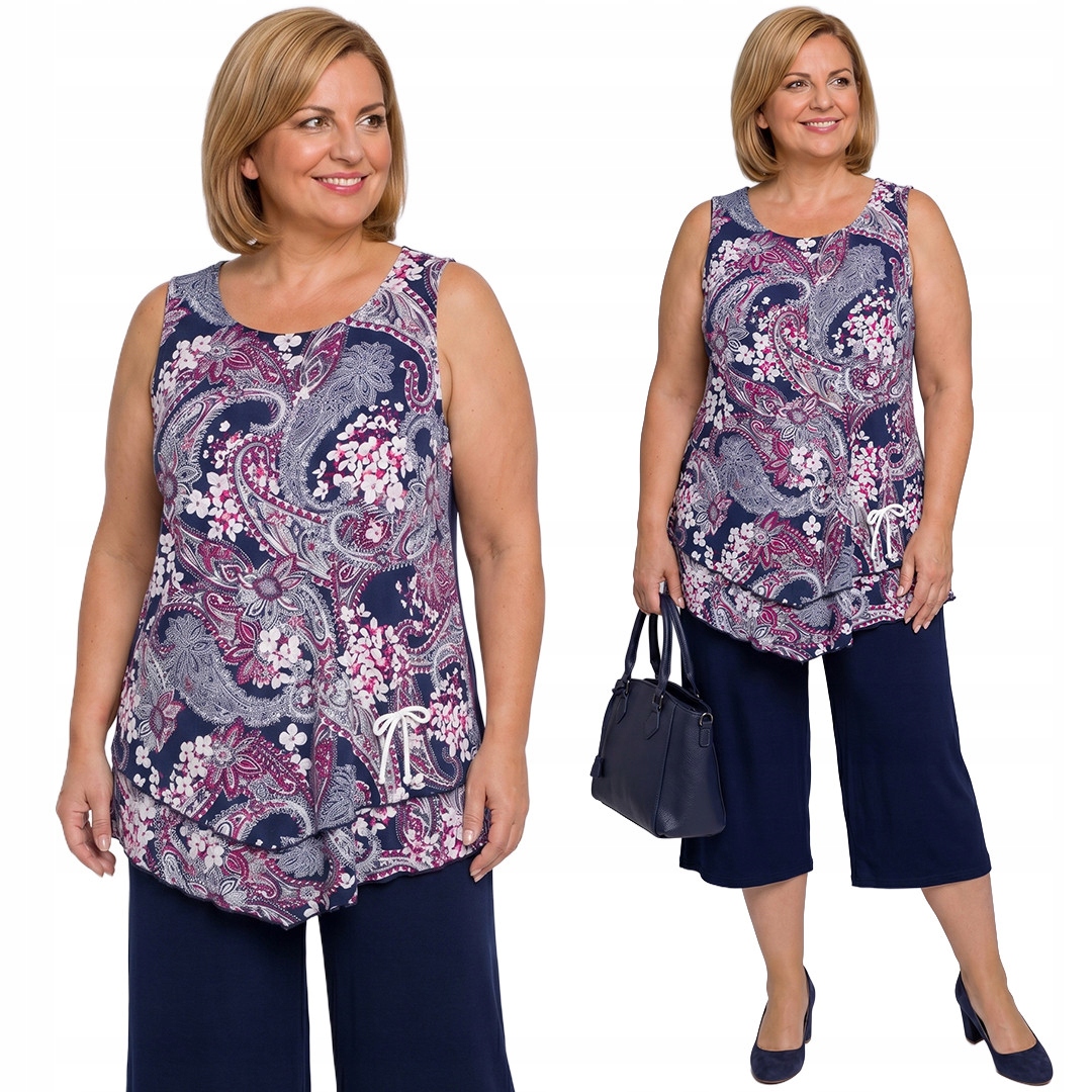 Tmavě modrý komplet s bílo-růžovými vzory plus size velikost 56/58