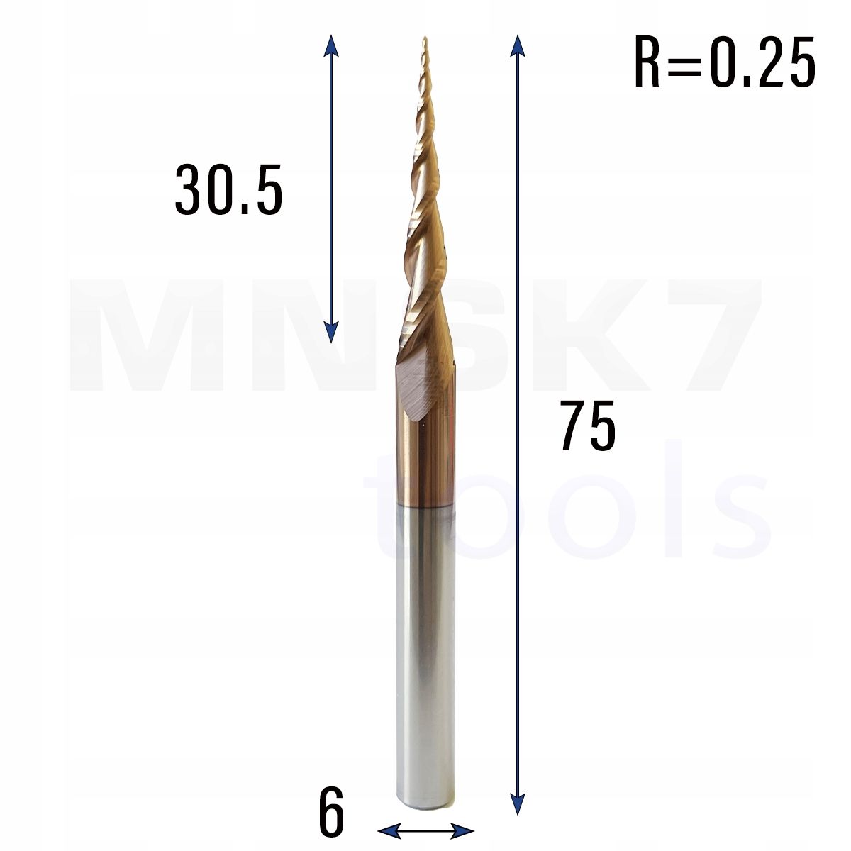 Frez stożkowy kulowy 3D 6 x 30.5 x 75 R0.25 HRC55 5.15°