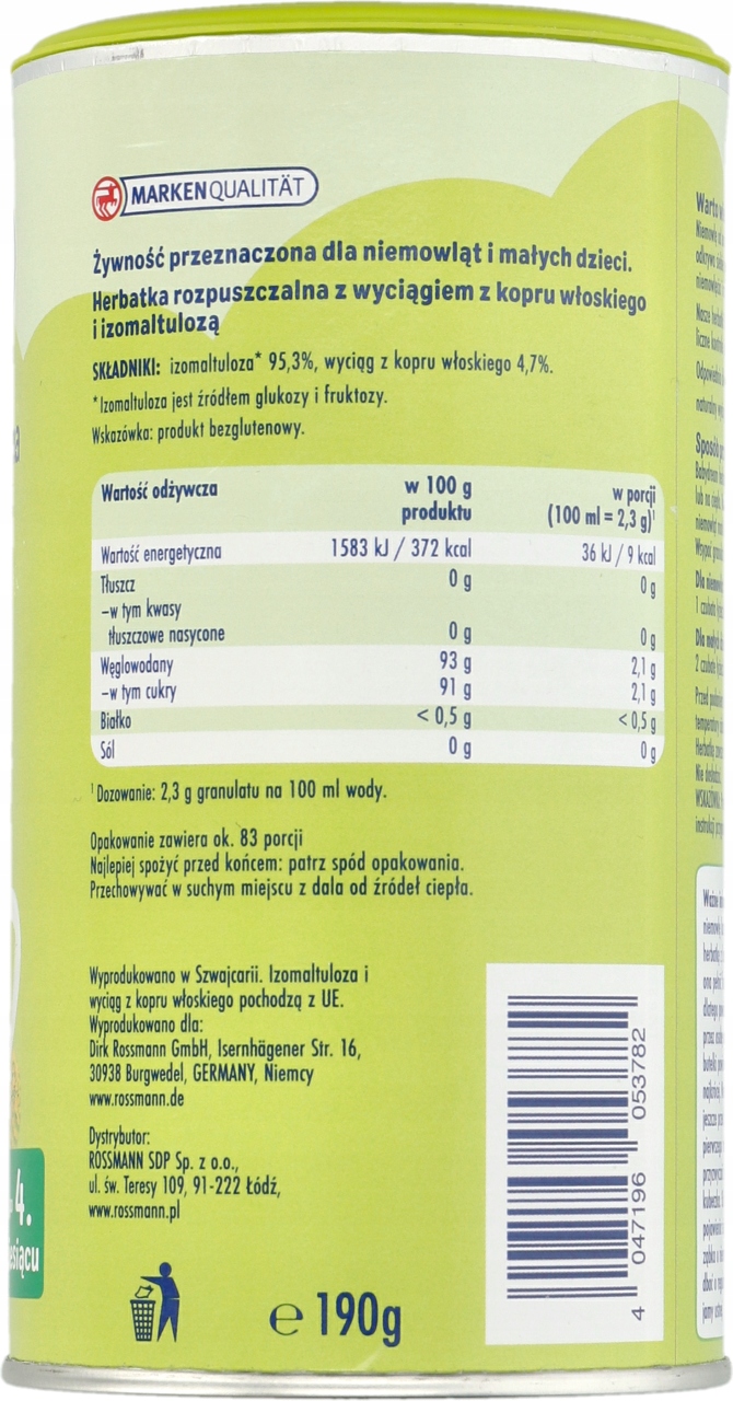 BABYDREAM HERBATKA INSTANT 4m+ Z KOPRU 2x190g Forma granulowana