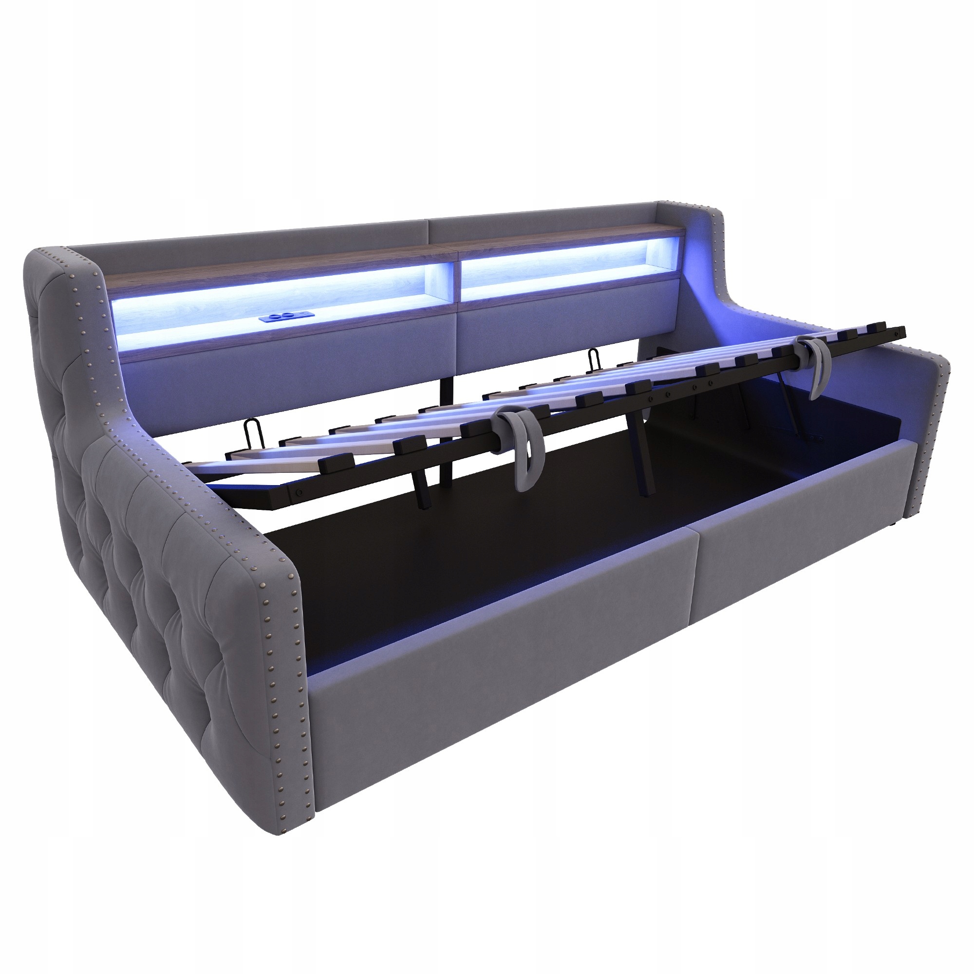 Čalouněná rozkládací postel 90 x 200 cm Hydraulická Led zásuvka šedá
