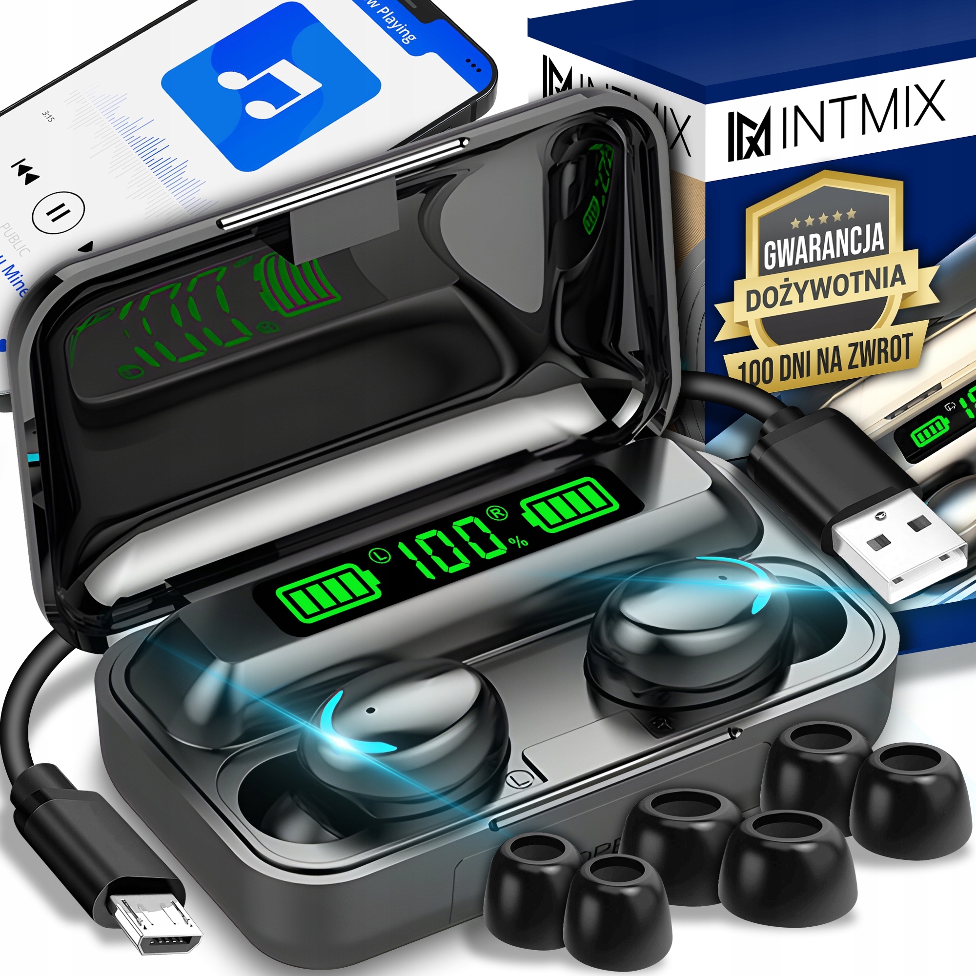 SŁUCHAWKI BEZPRZEWODOWE BLUETOOTH 5.1 TWS + POWERBANK WYSOKA JAKOŚĆ DŹWIĘKU