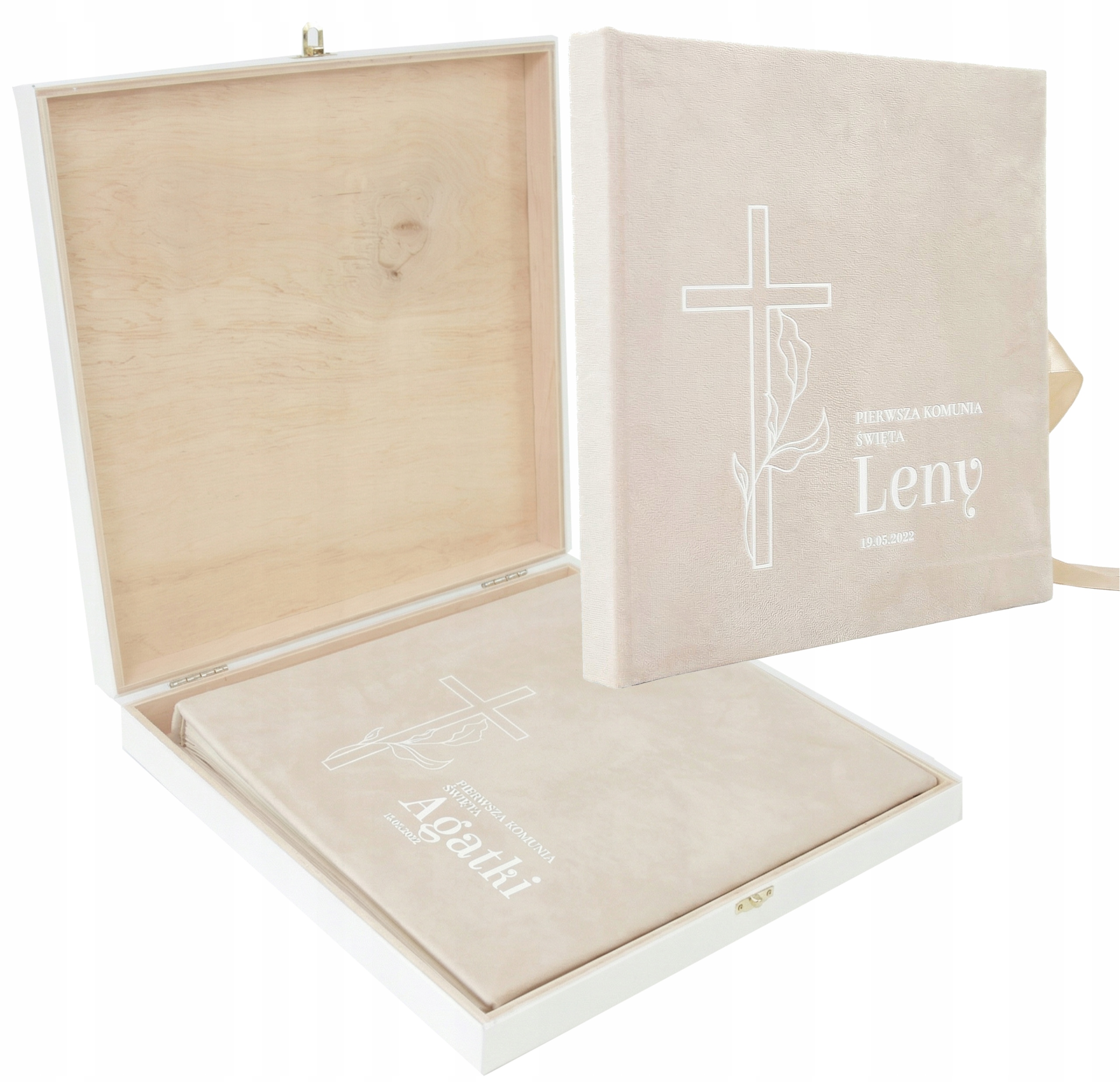 Zestaw album na zdjęcia Komunia + drewniane opakowanie personalizowany imię